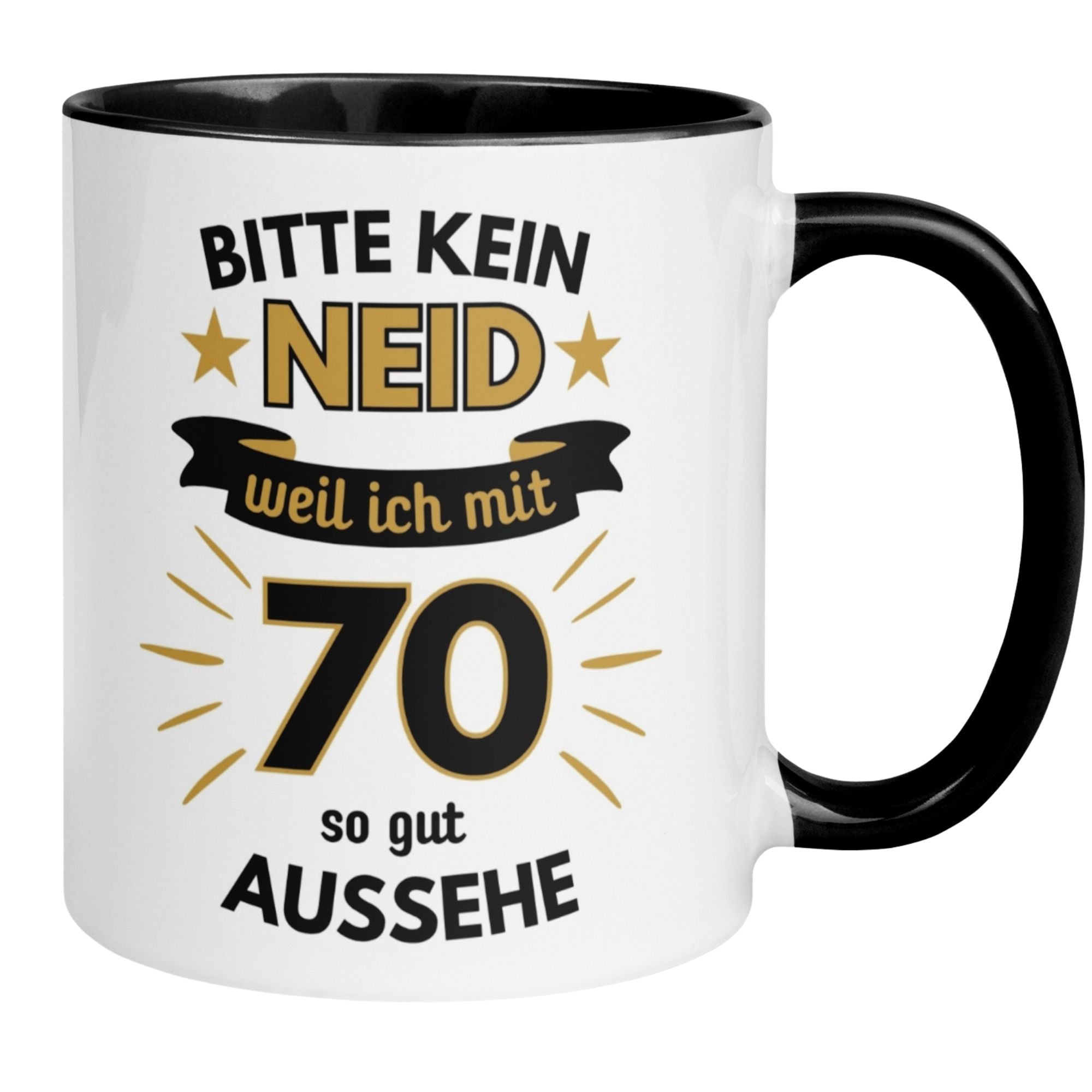 Momentals® 70th birthday mug with humorous text about looking good at 70, perfect for celebration.
