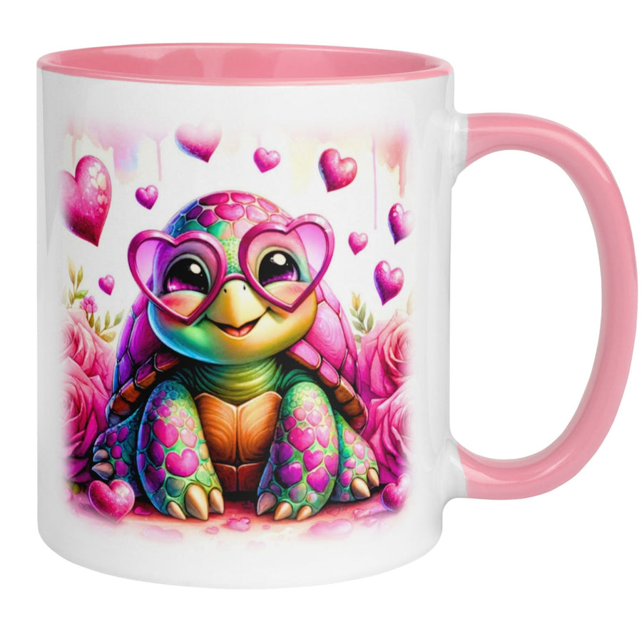 Tasse | Schildkröte mit Herzbrille & Rosen | Rosa Herzdesign für Verliebte
