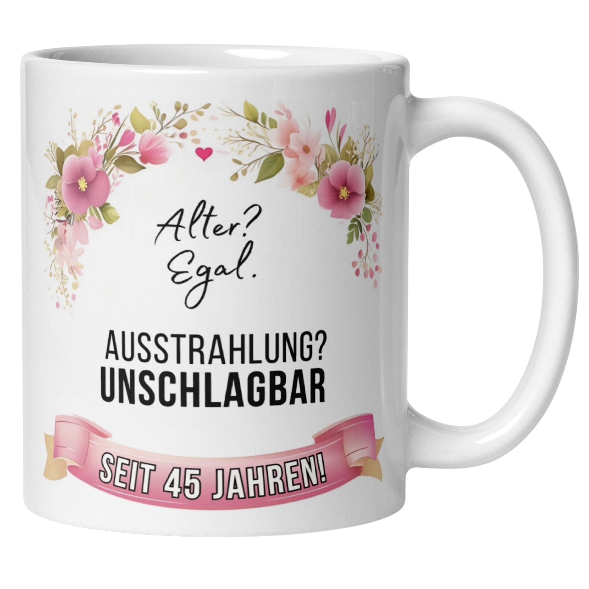Momentals® Tasse 45. Geburtstag | Blumen & Spruch | Ausstrahlung - Unschlagbar seit 45 Jahren
