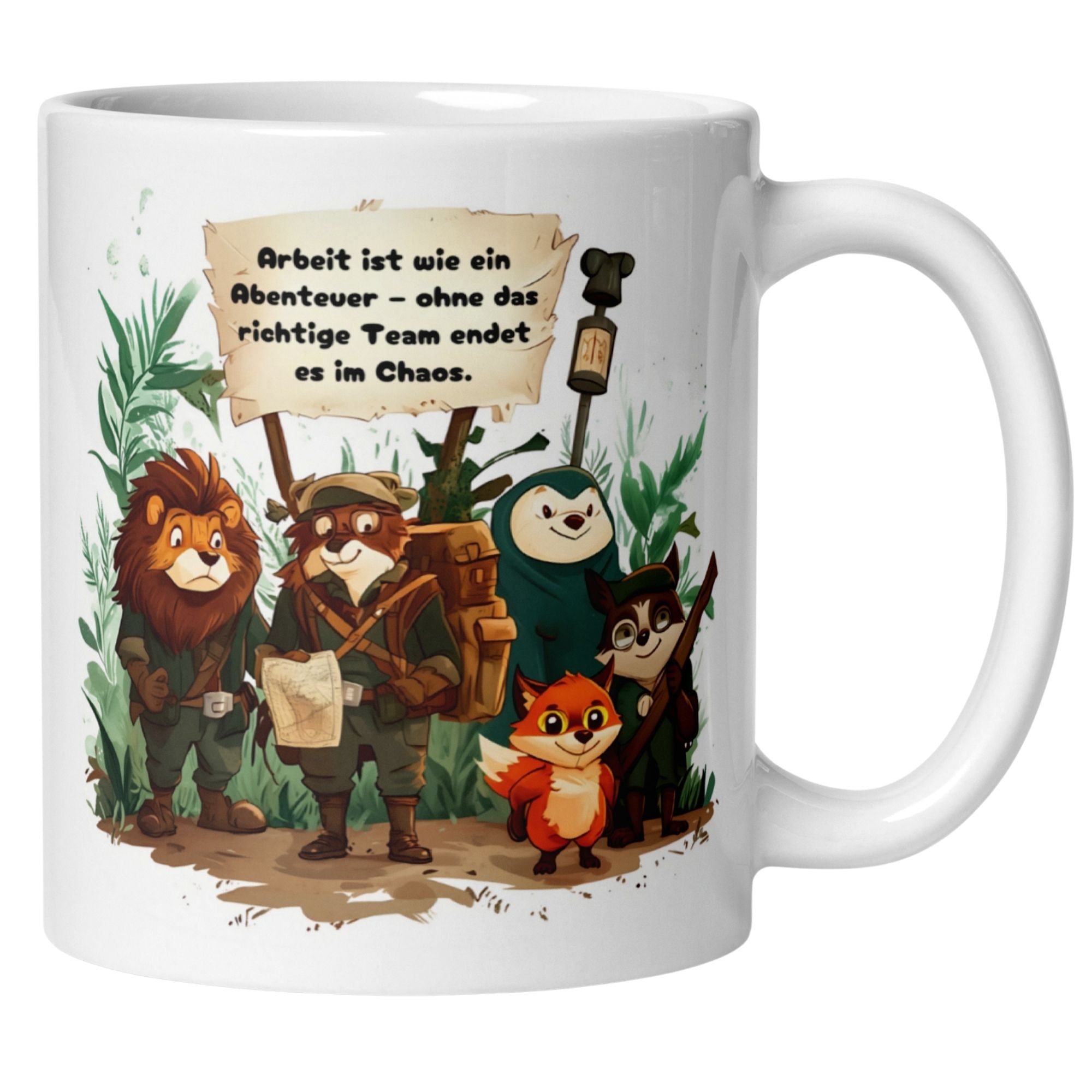 Momentals® Tasse Teamwork | Tiere & Spruch | Arbeit ist wie ein Abenteuer • Momentals