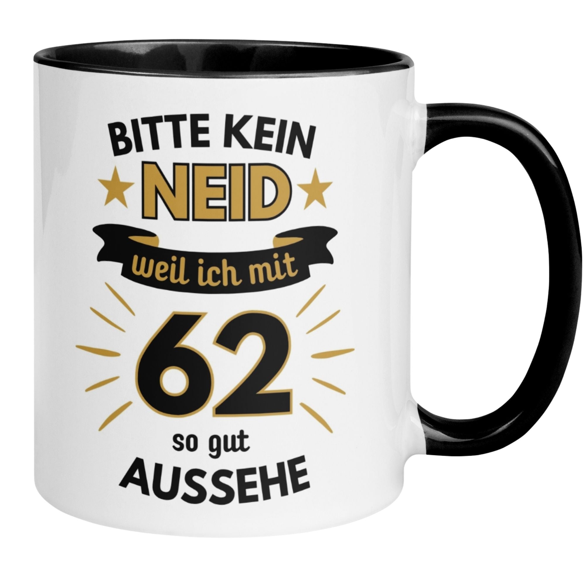 Momentals® Tasse für den 62. Geburtstag mit humorvollem Spruch: "Bitte kein Neid – weil ich mit 62 so gut aussehe"