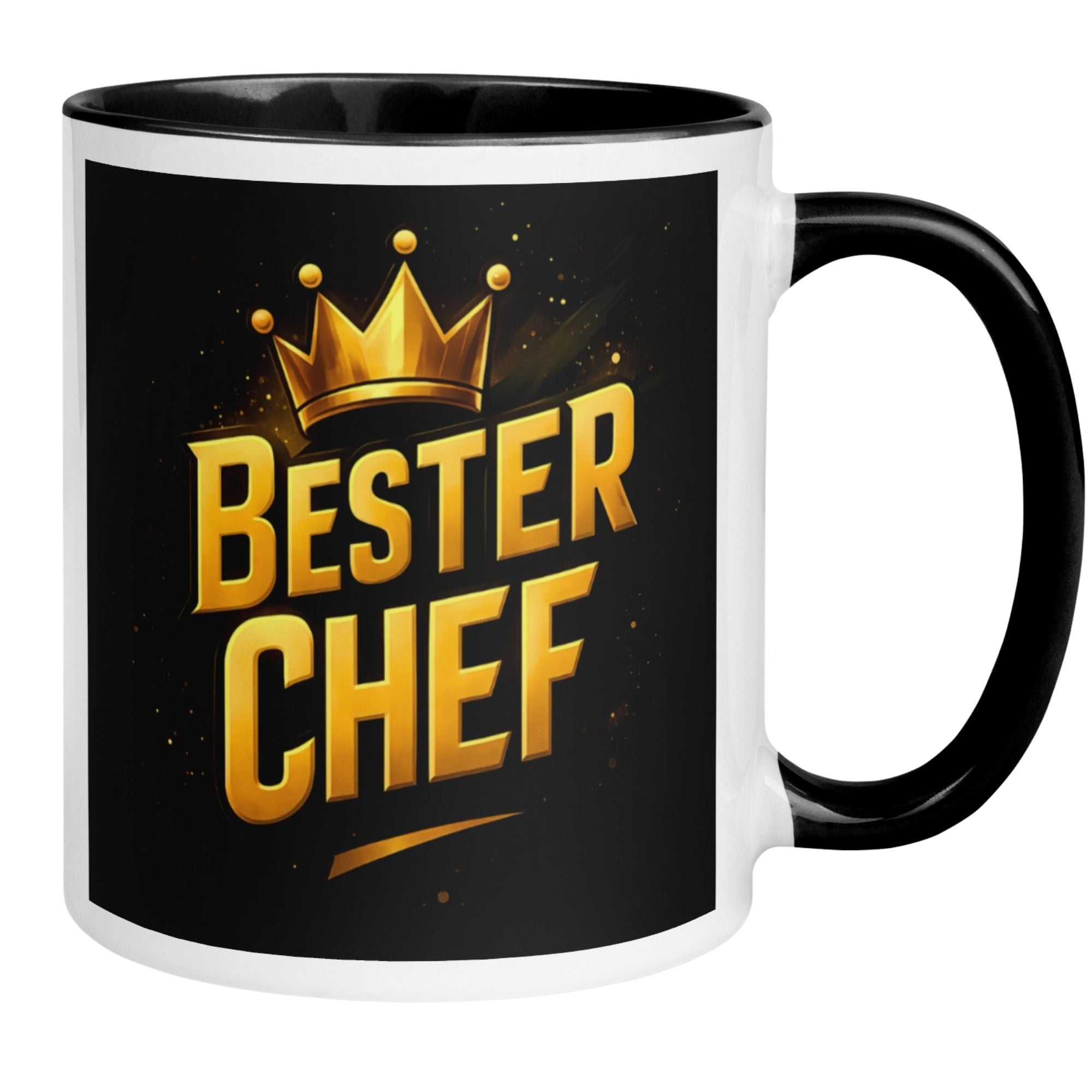 Momentals® Tasse Chef in Schwarz Gold mit Aufschrift "Bester Chef" und goldener Krone, humorvolles Geschenk für Chefs.