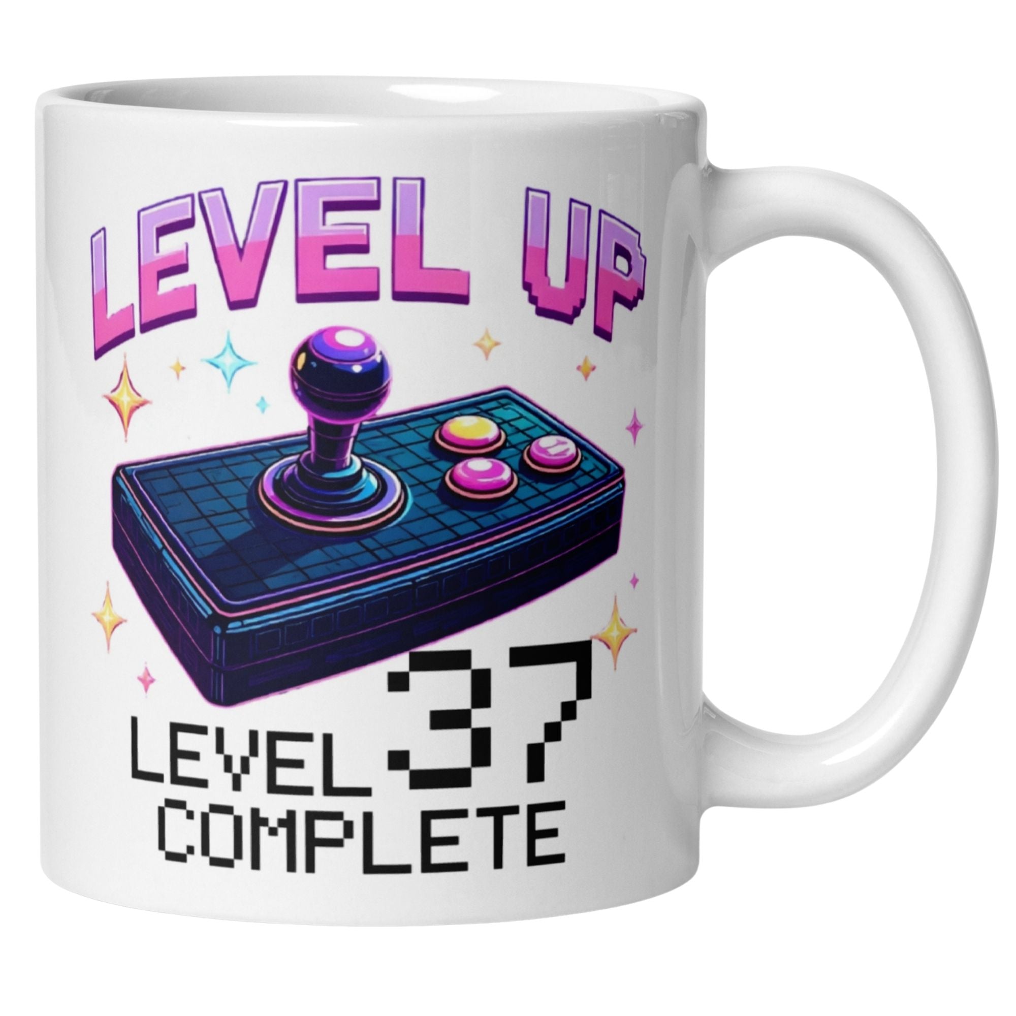 Momentals Level UP mug for 37th birthday with joystick design and colorful graphics.