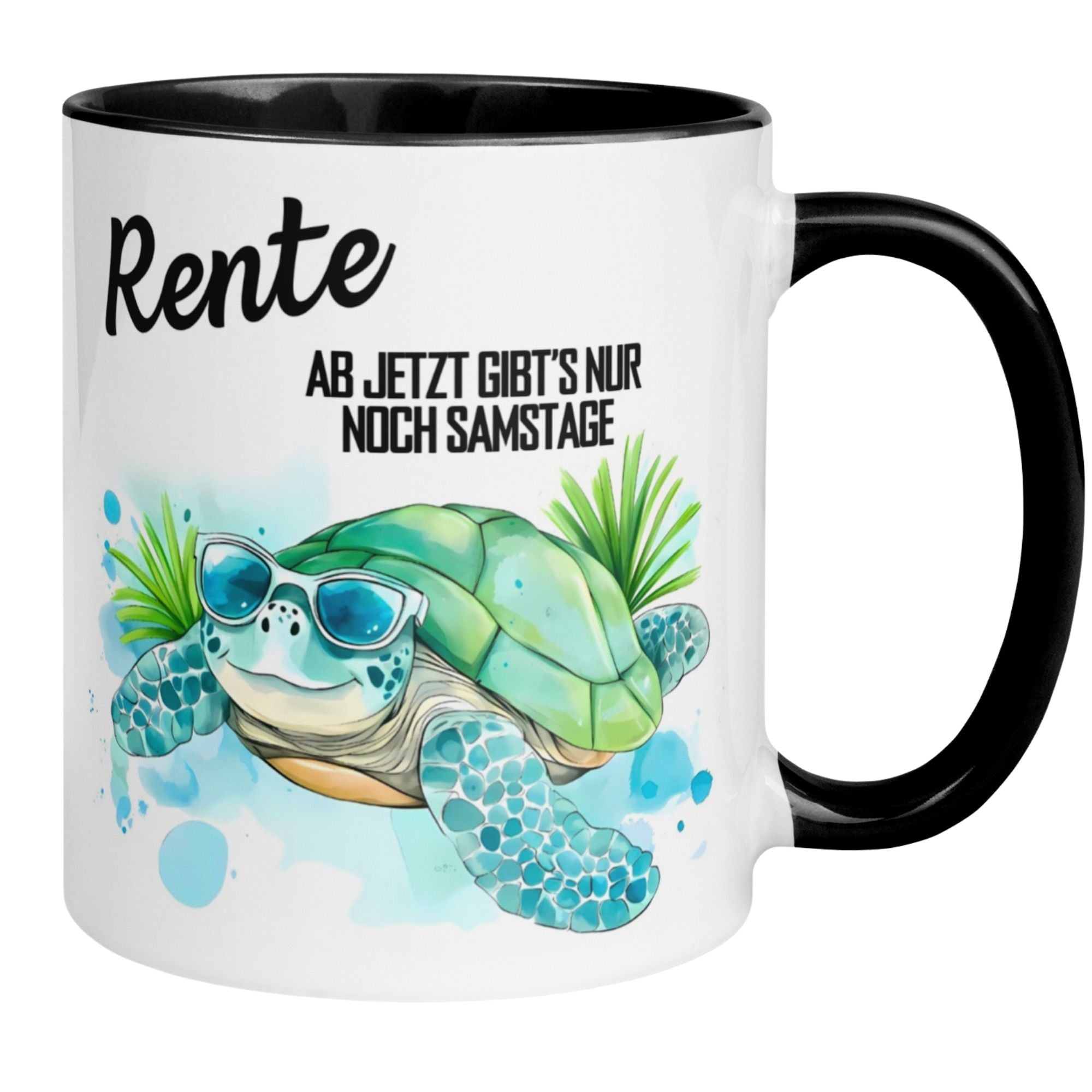Fun retirement mug featuring a relaxed turtle in sunglasses with palm trees and the text "Rente - Ab jetzt gibt's nur noch Samstage."