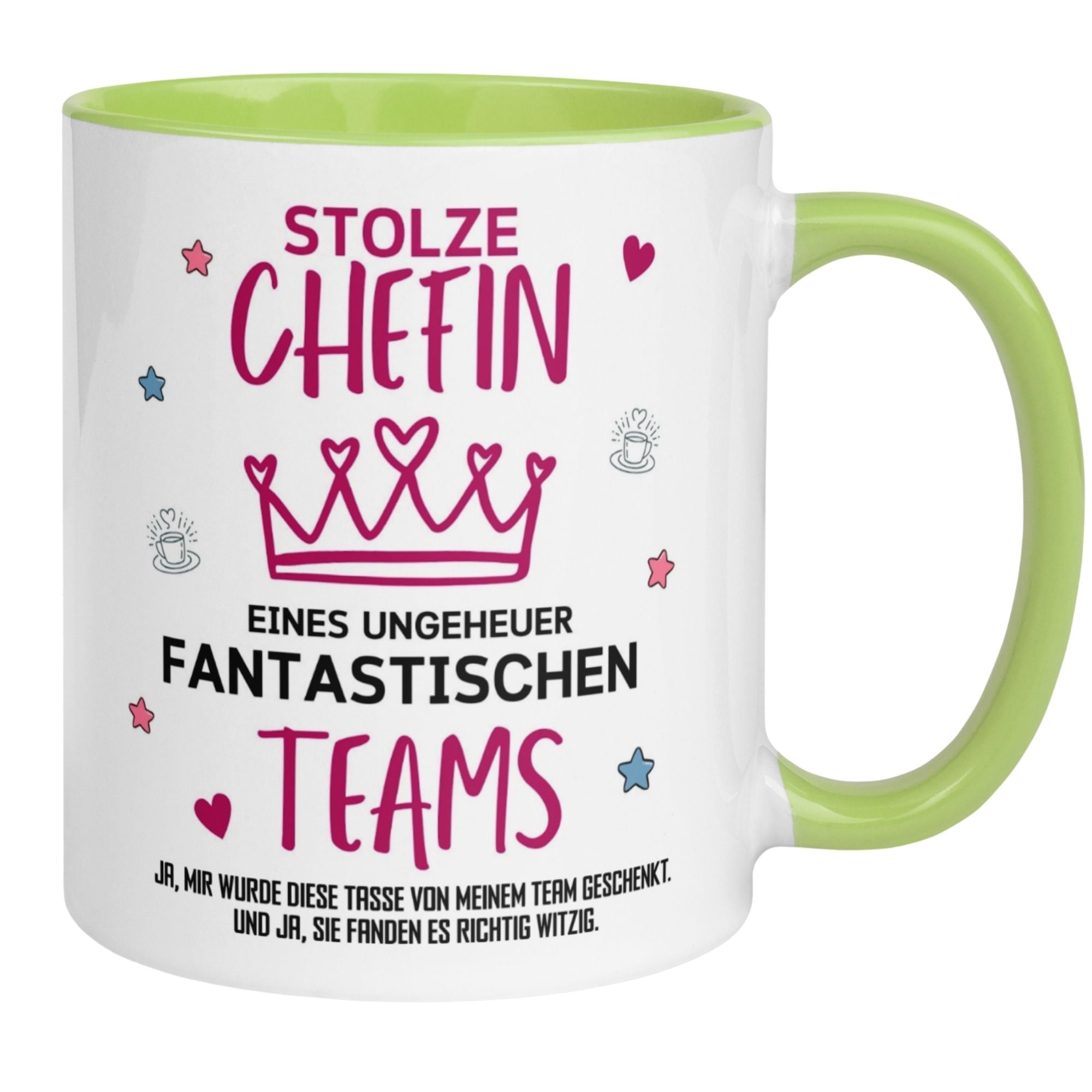 Bunte Tasse mit Aufschrift "Stolze Chefin eines fantastischen Teams" in pink und grün, ideal als Geschenk.