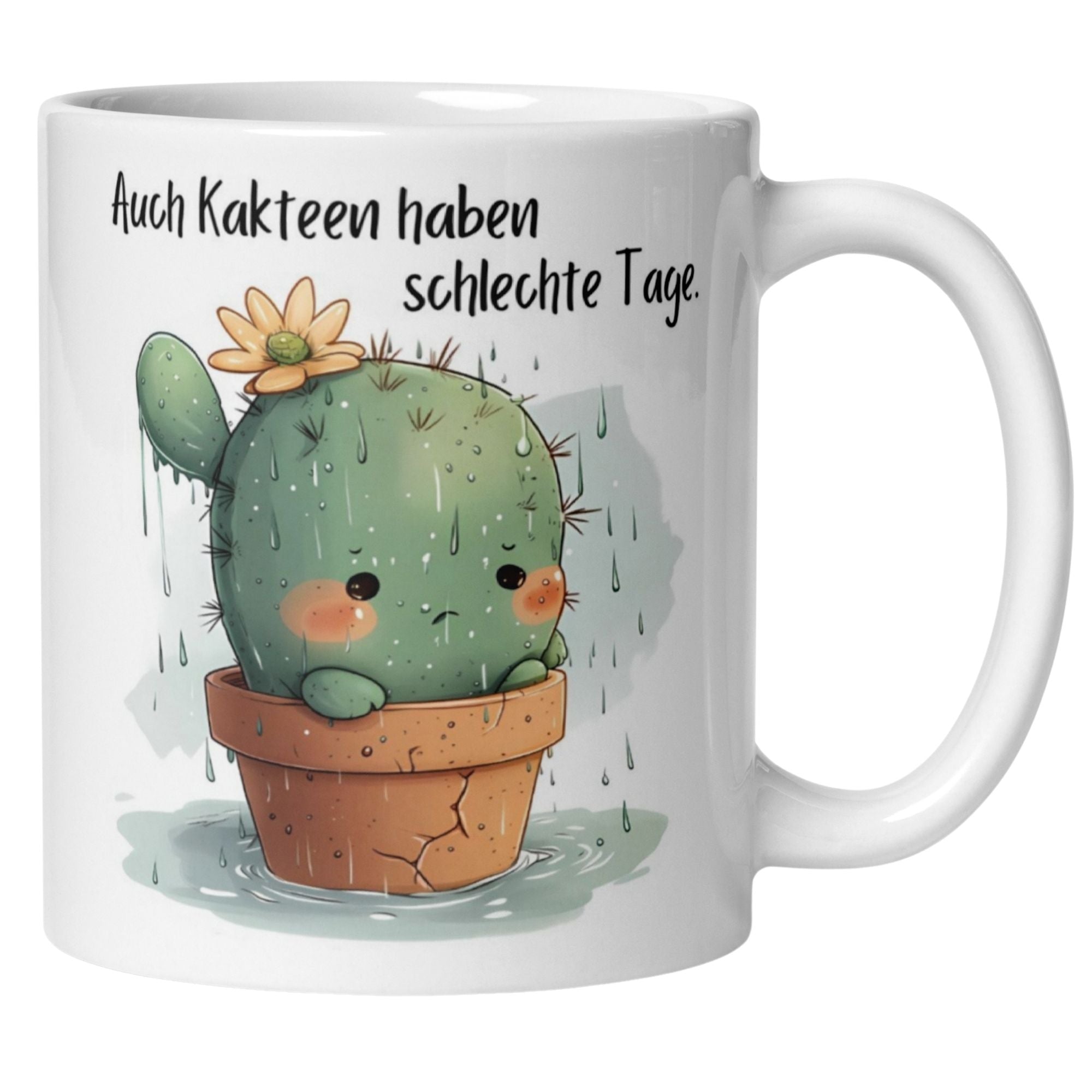 Cute cactus mug with the quote 'Auch Kakteen haben schlechte Tage,' perfect for plant lovers.
