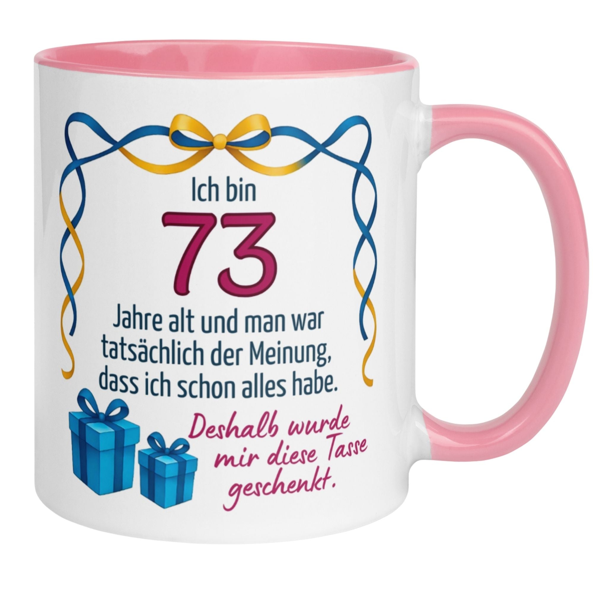 Momentals® Geburtstagstasse für 73. Geburtstag mit humorvollem Spruch und Geschenkverpackung.