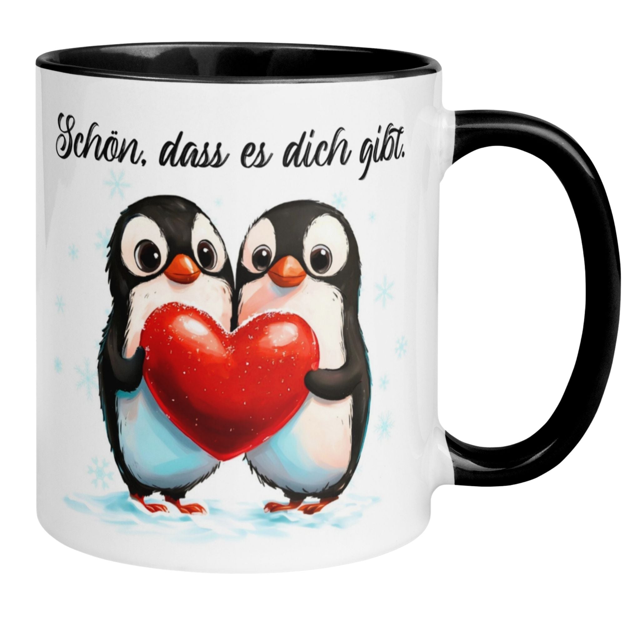 Tasse mit Pinguinen, Herz und der Aufschrift 'Schön, dass es dich gibt' – stilvolles Dankeschön.