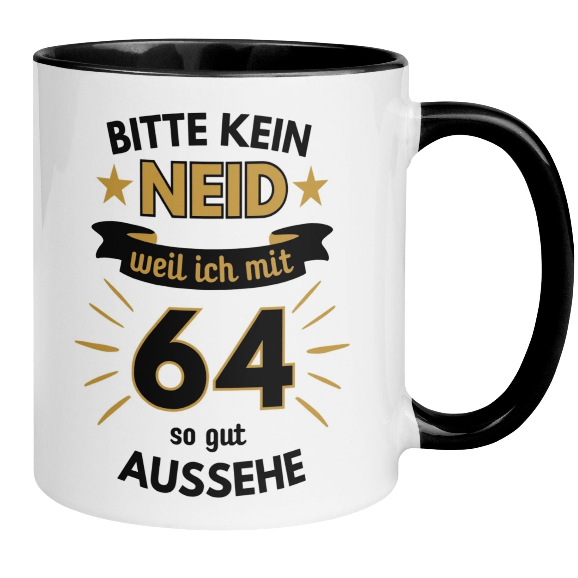 Momentals® Tasse zum 64. Geburtstag mit humorvollem Spruch: "Bitte kein Neid, weil ich mit 64 so gut aussehe."
