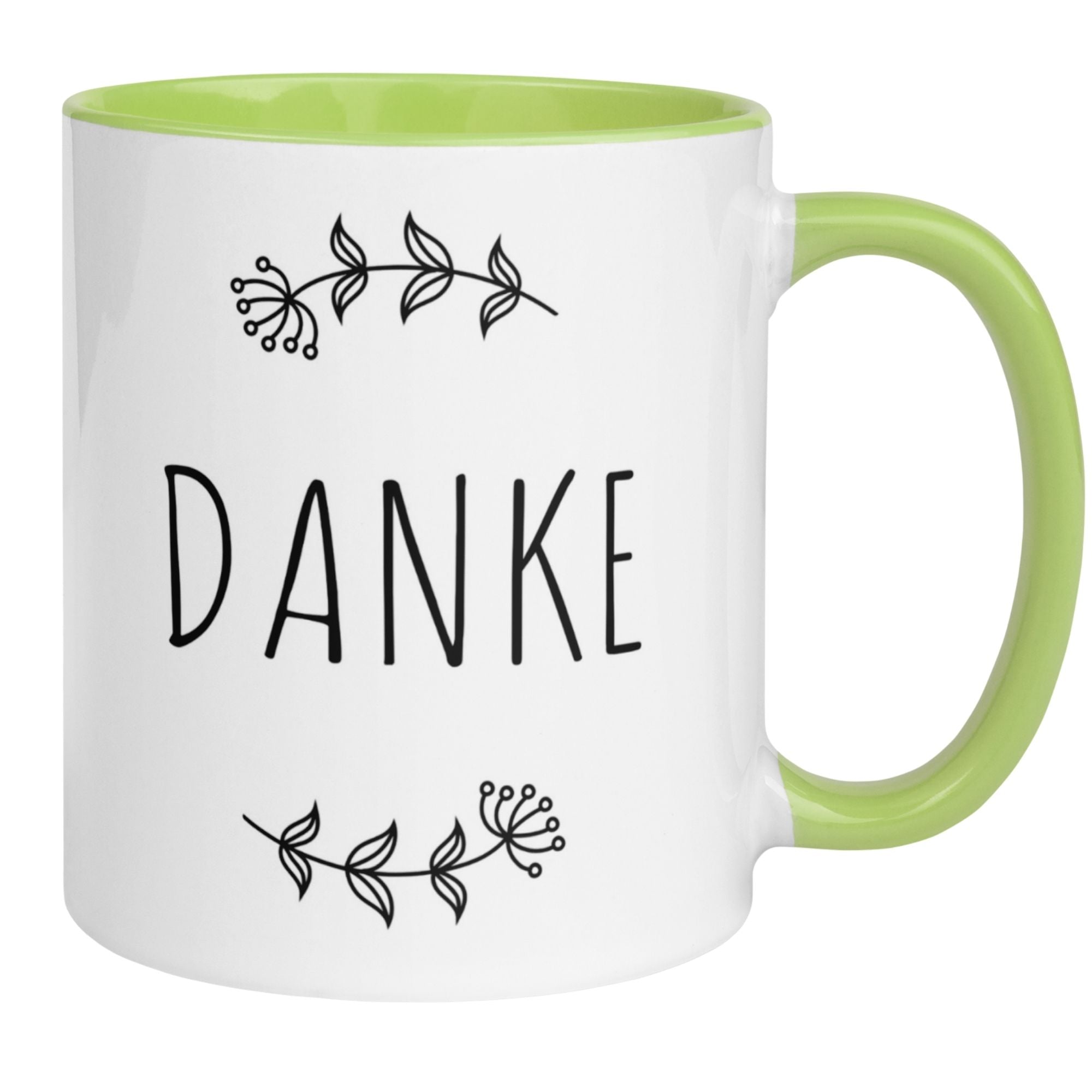 Momentals® Tasse mit dem Schriftzug 'DANKE' und floralem Design in grünem Farbton.