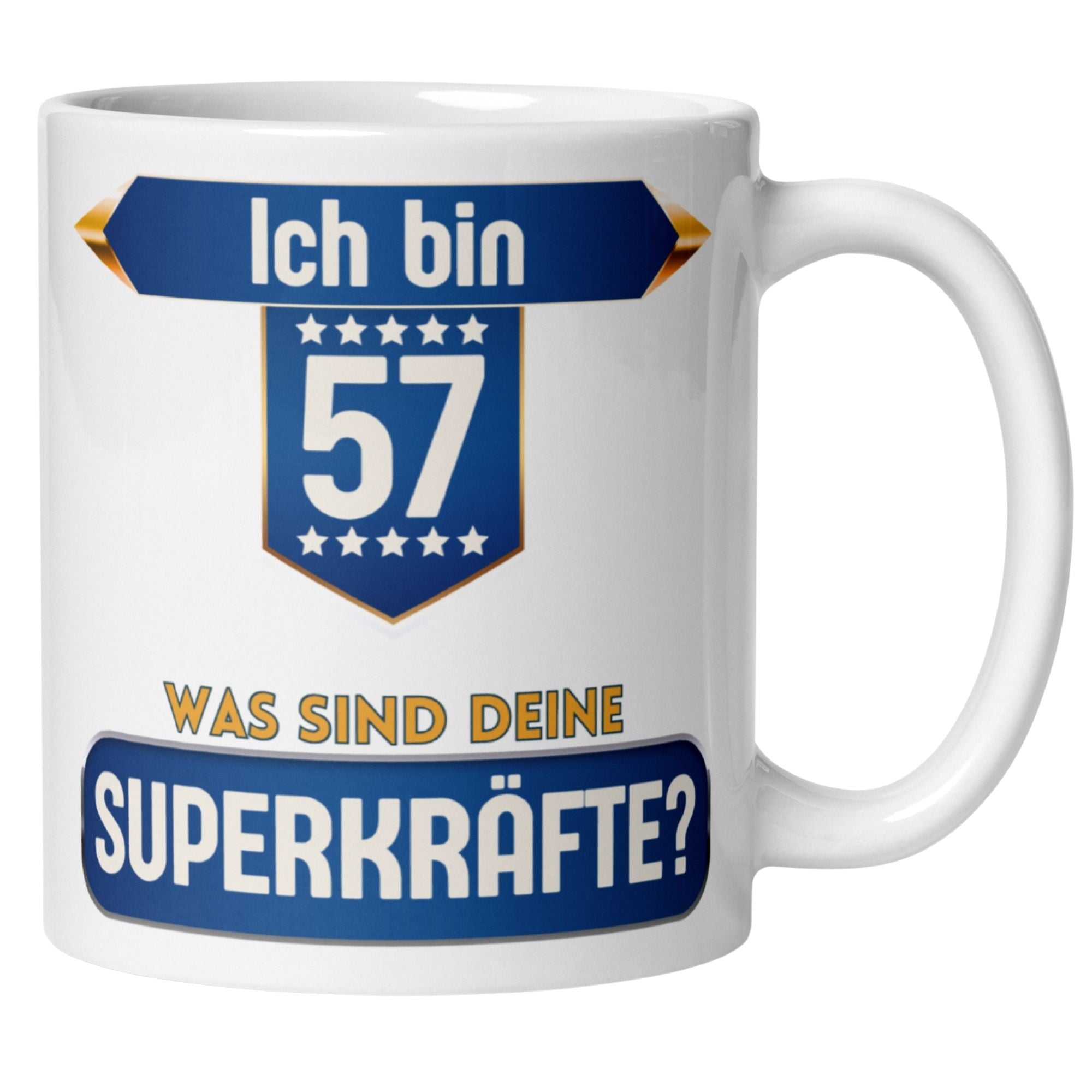 Momentals® Tasse 57. Geburtstag | Superheld & Spruch | Ich bin 57 und was ist deine Superkraft • Momentals