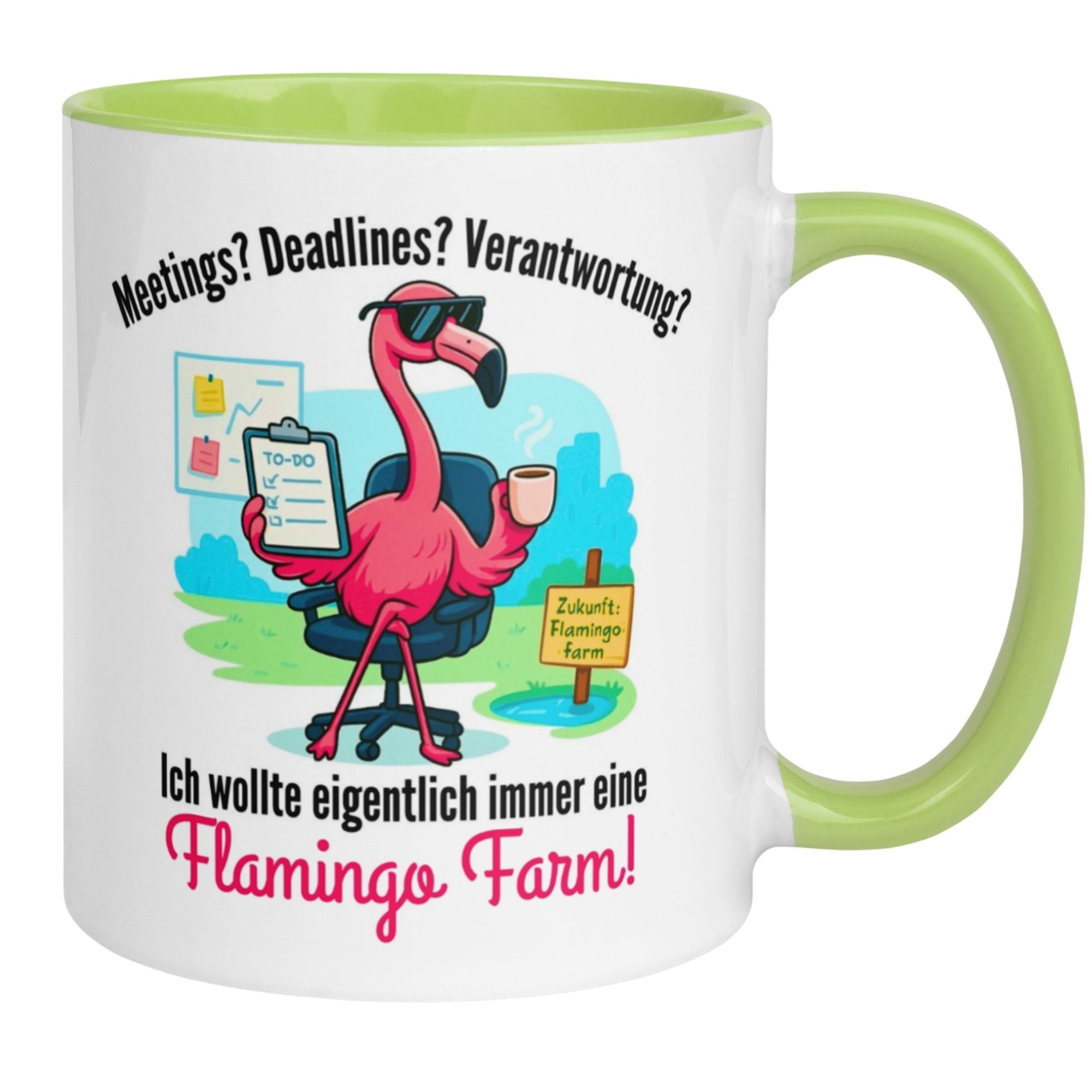 Momentals Tasse mit Flamingo und Spruch über die Liebe zu Flamingo-Farmen, perfekte Geschenkidee für Morgenmuffel.
