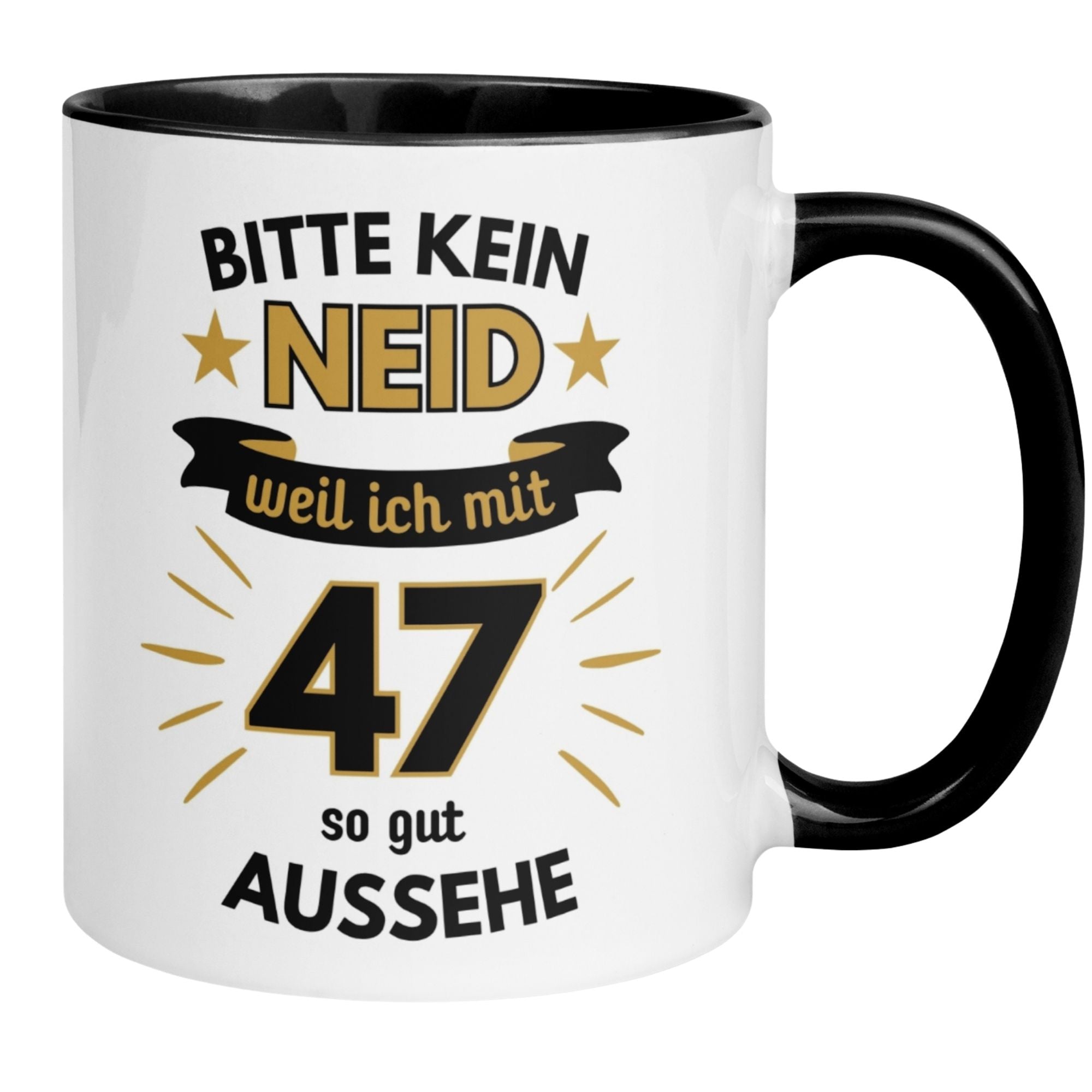 Momentals® Tasse für 47. Geburtstag mit humorvollem Spruch 'Bitte kein Neid - weil ich mit 47 so gut aussehe'
