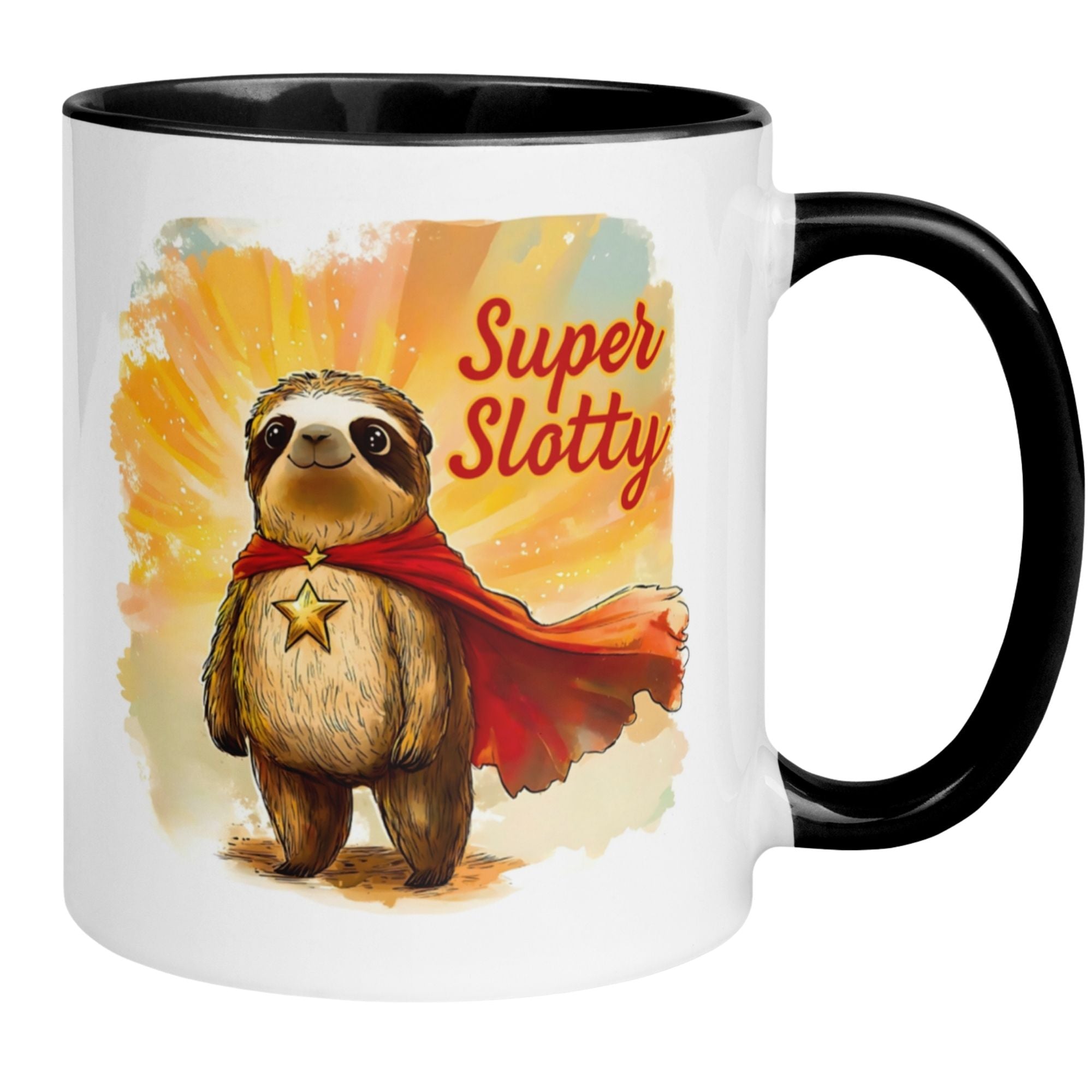 Momentals® Tasse mit witzigem Faultier-Superhelden "Super Slotty" im roten Umhang, fröhliches Design.