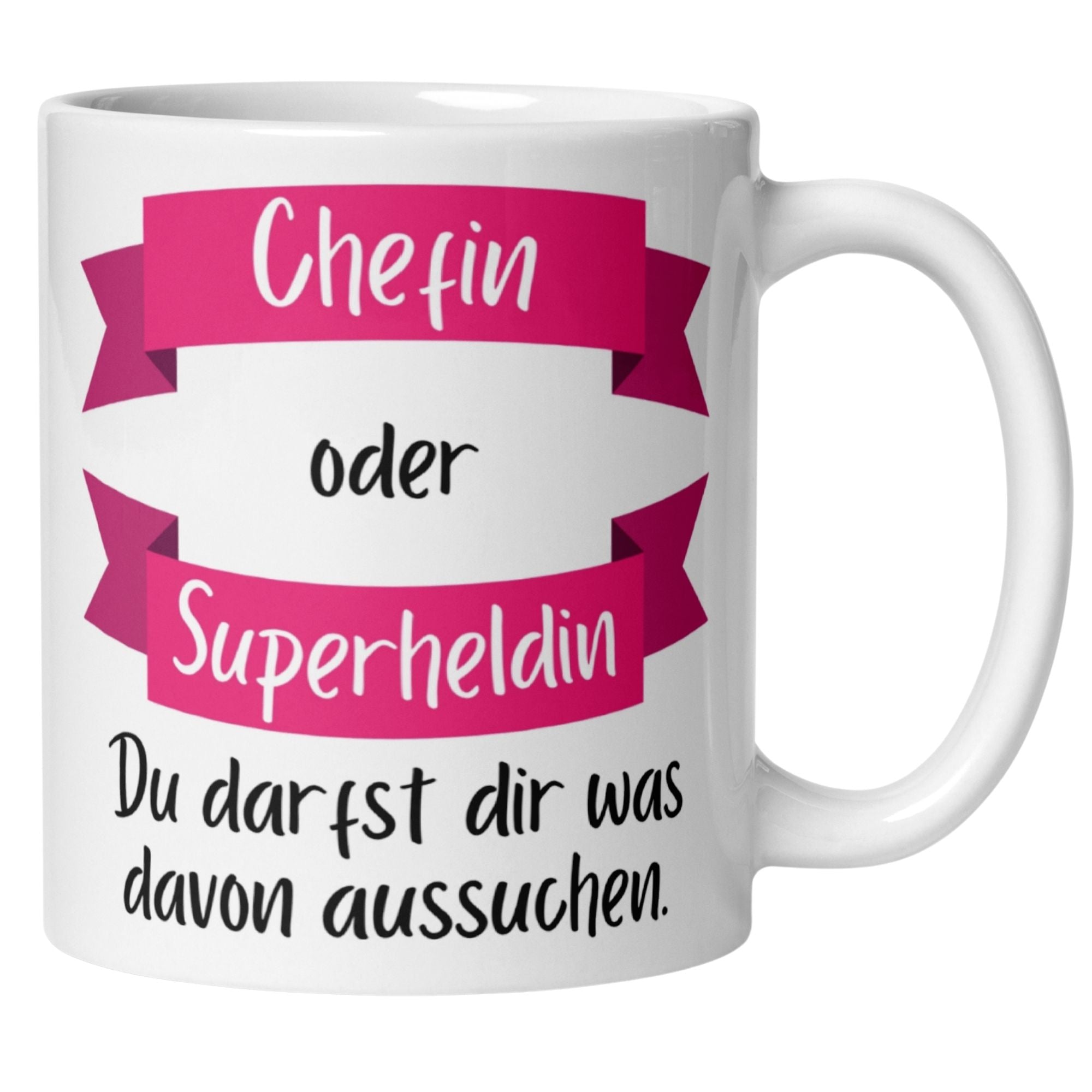 Momentals Tasse Chefin mit Spruch ‚Chefin oder Superheldin – du darfst dir was aussuchen‘ in pink und schwarz.