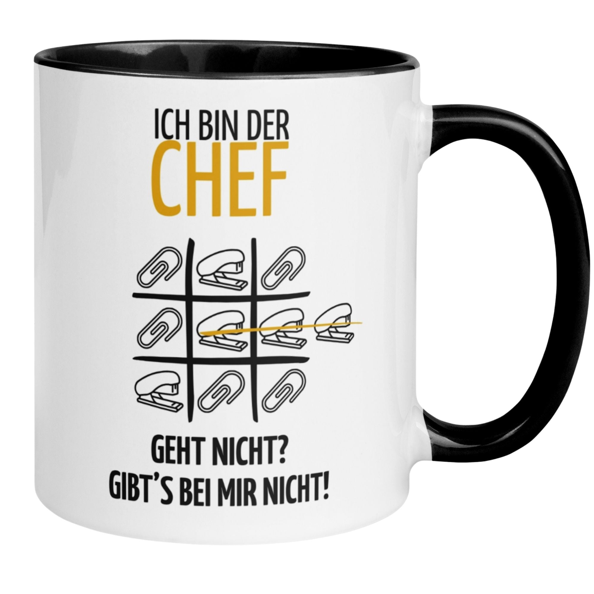 Momentals Tasse mit Spruch "Ich bin der Chef - Geht nicht? Gibt's bei mir nicht!" in Tic-Tac-Toe Design.