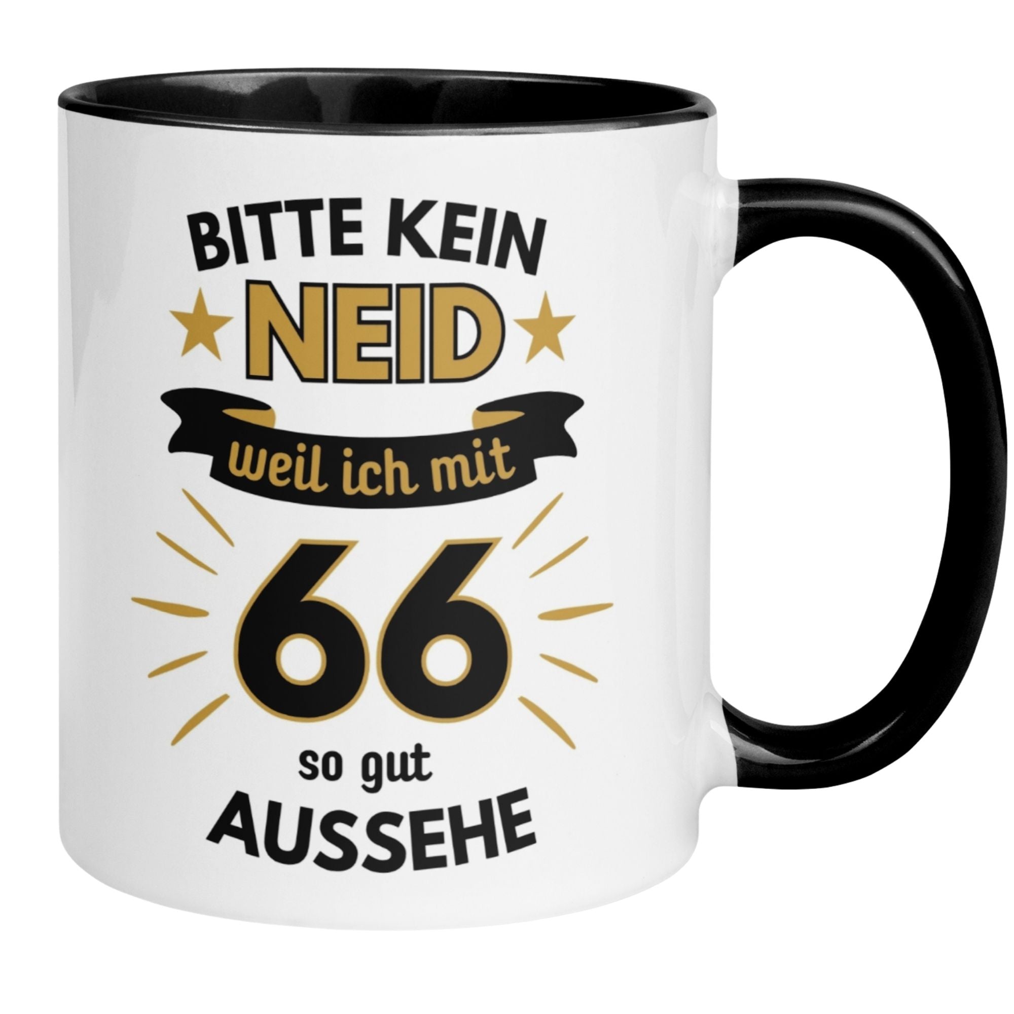 Momentals® Tasse für 66. Geburtstag mit humorvollem Spruch "Bitte kein Neid – weil ich mit 66 so gut aussehe".