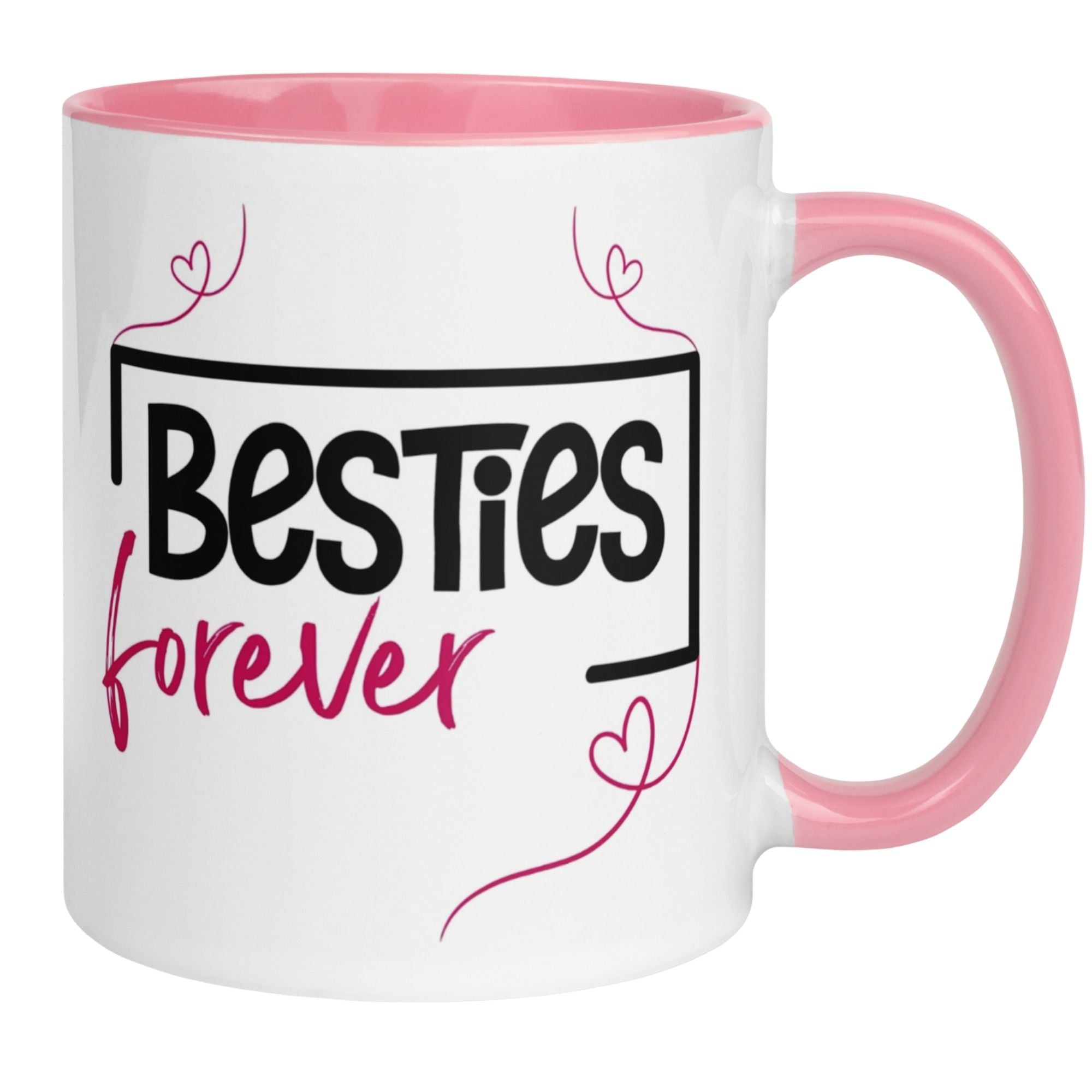 Momentals® Tasse in Weiß und Pink mit "Besties forever" Schriftzug und herzlichen Motiven.