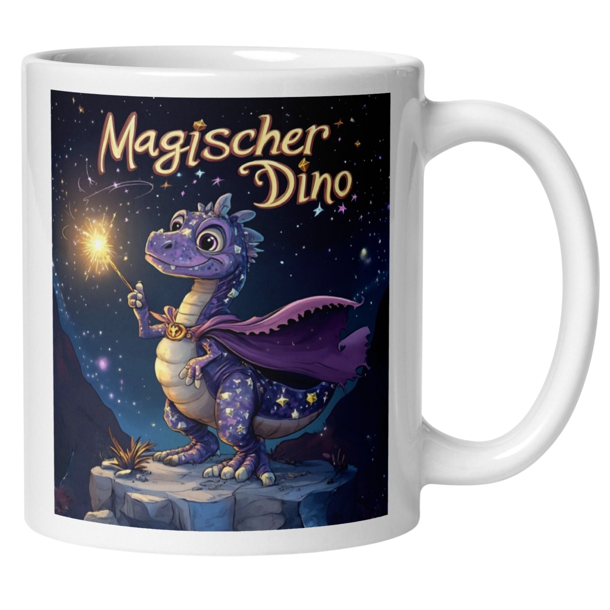 Magischer Dino Tasse mit saugender Drachenfigur im Umhang, Zauberstab und Sternenhimmel.