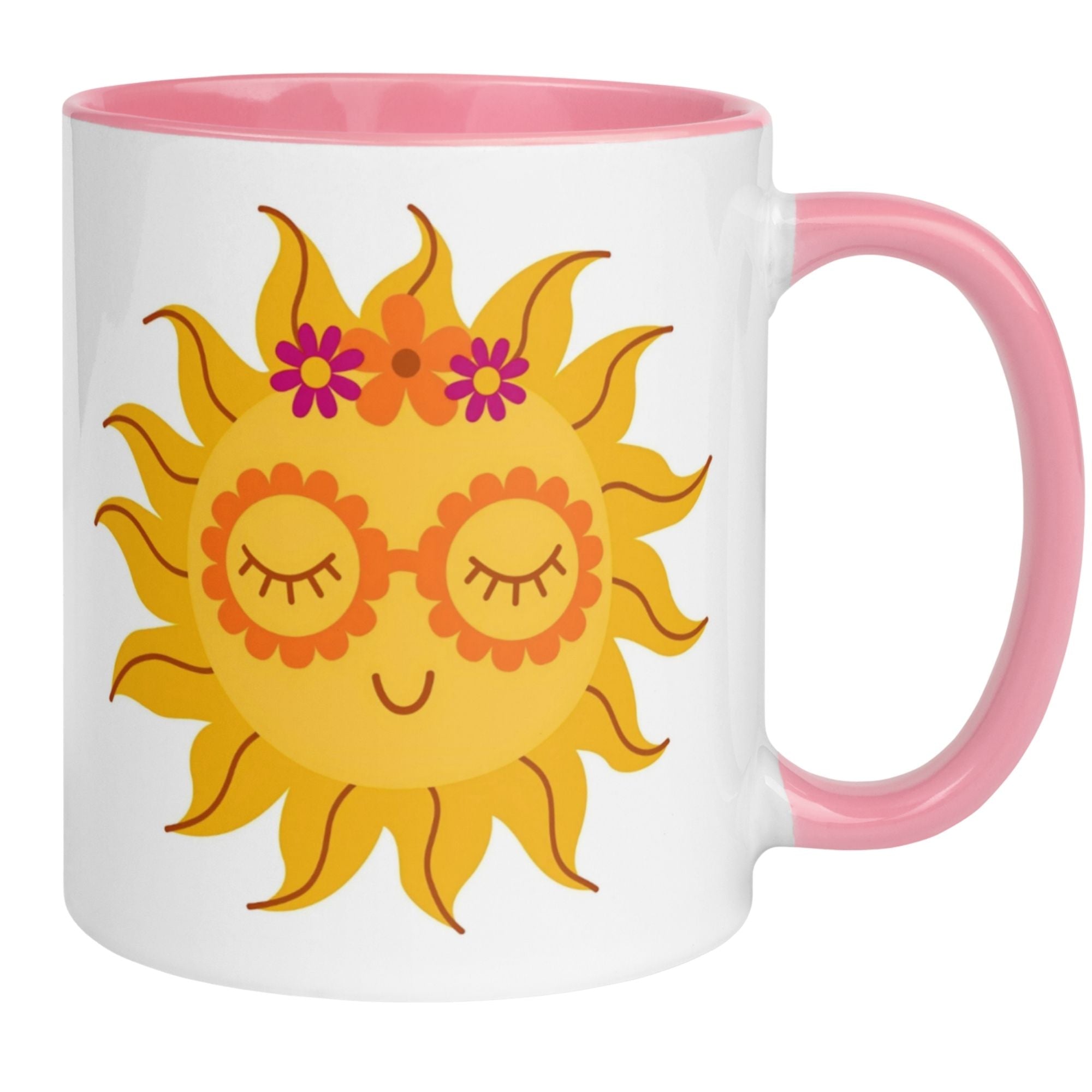 Momentals® Tasse mit fröhlicher Sonne, Blütenbrille und Blumenkranz in warmen Gelb- und Orangetönen.
