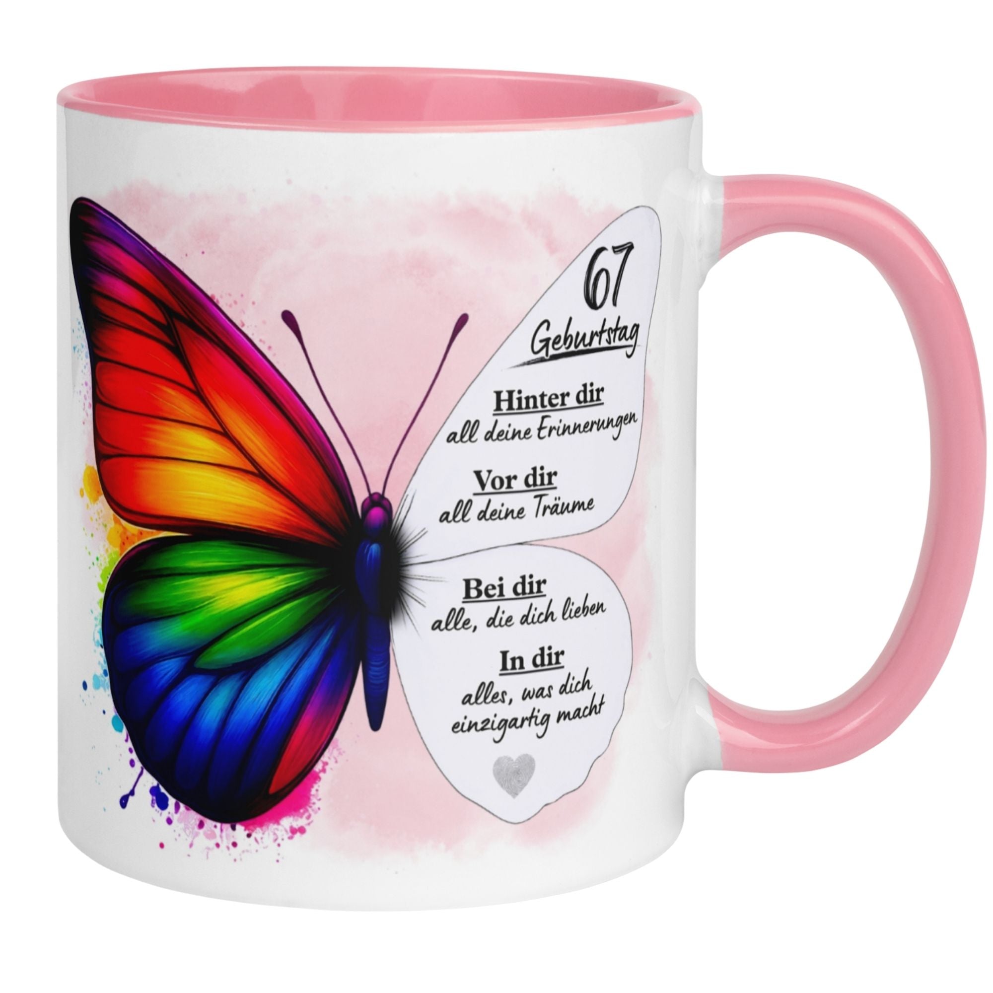 Momentals® Tasse 67. Geburtstag | Schmetterling & Spruch | Hinter dir Erinnerungen - Vor dir Träume