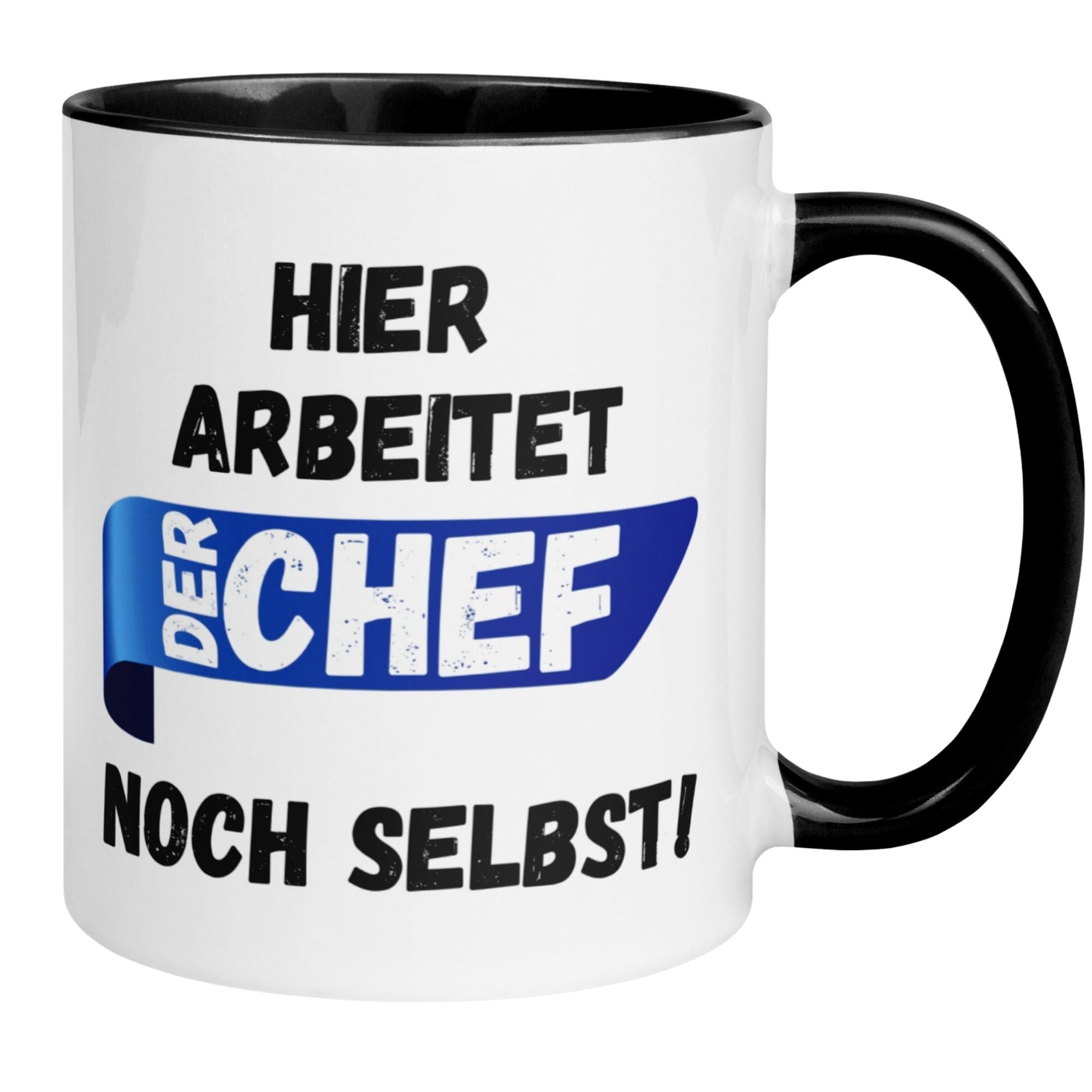 Momentals Tasse Chef mit Spruch "Hier arbeitet der Chef noch selbst!" in weiß und blau.