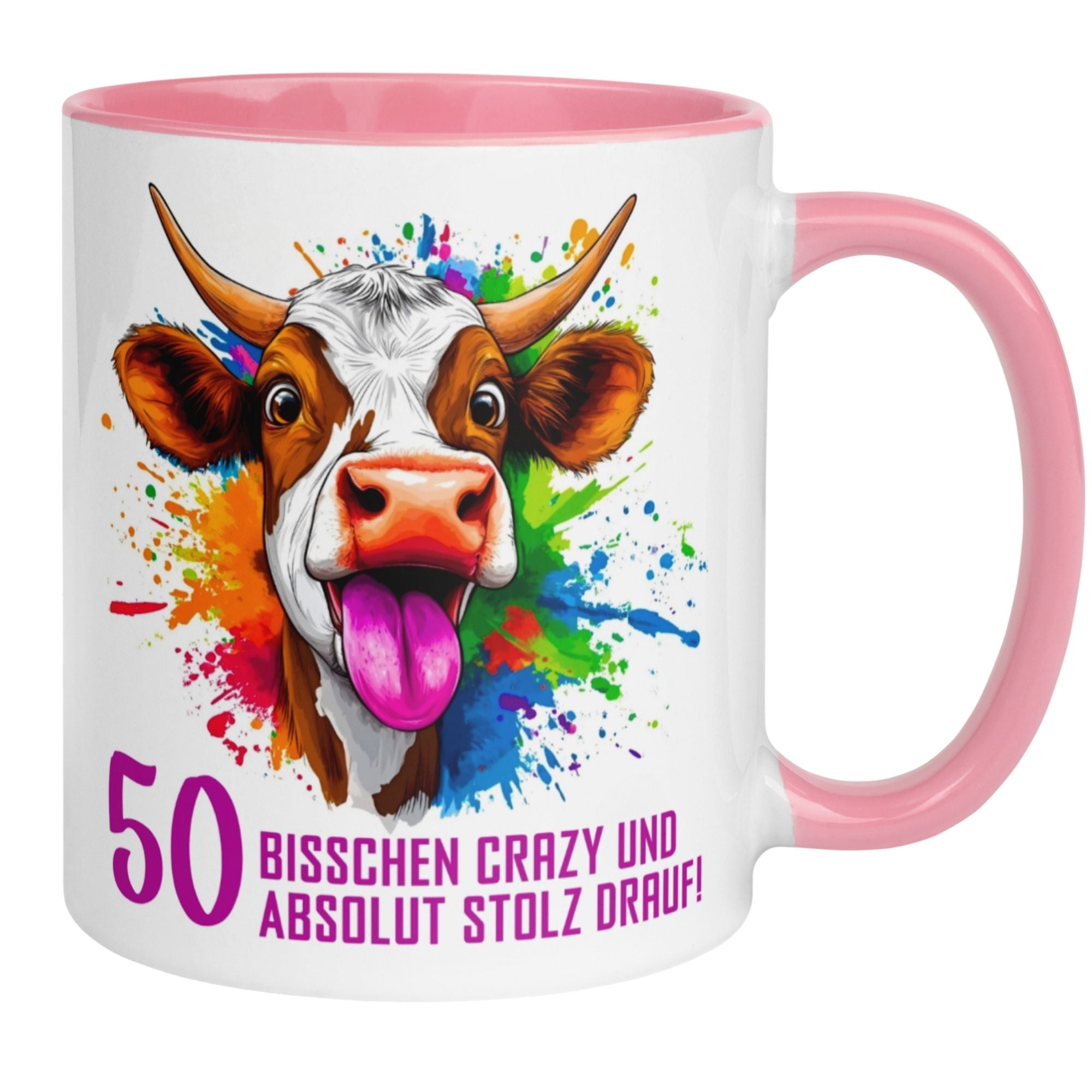 Bunte Tasse zum 50. Geburtstag mit Kuh-Motiv und lustigem Spruch über Stolz und Verrücktheit.