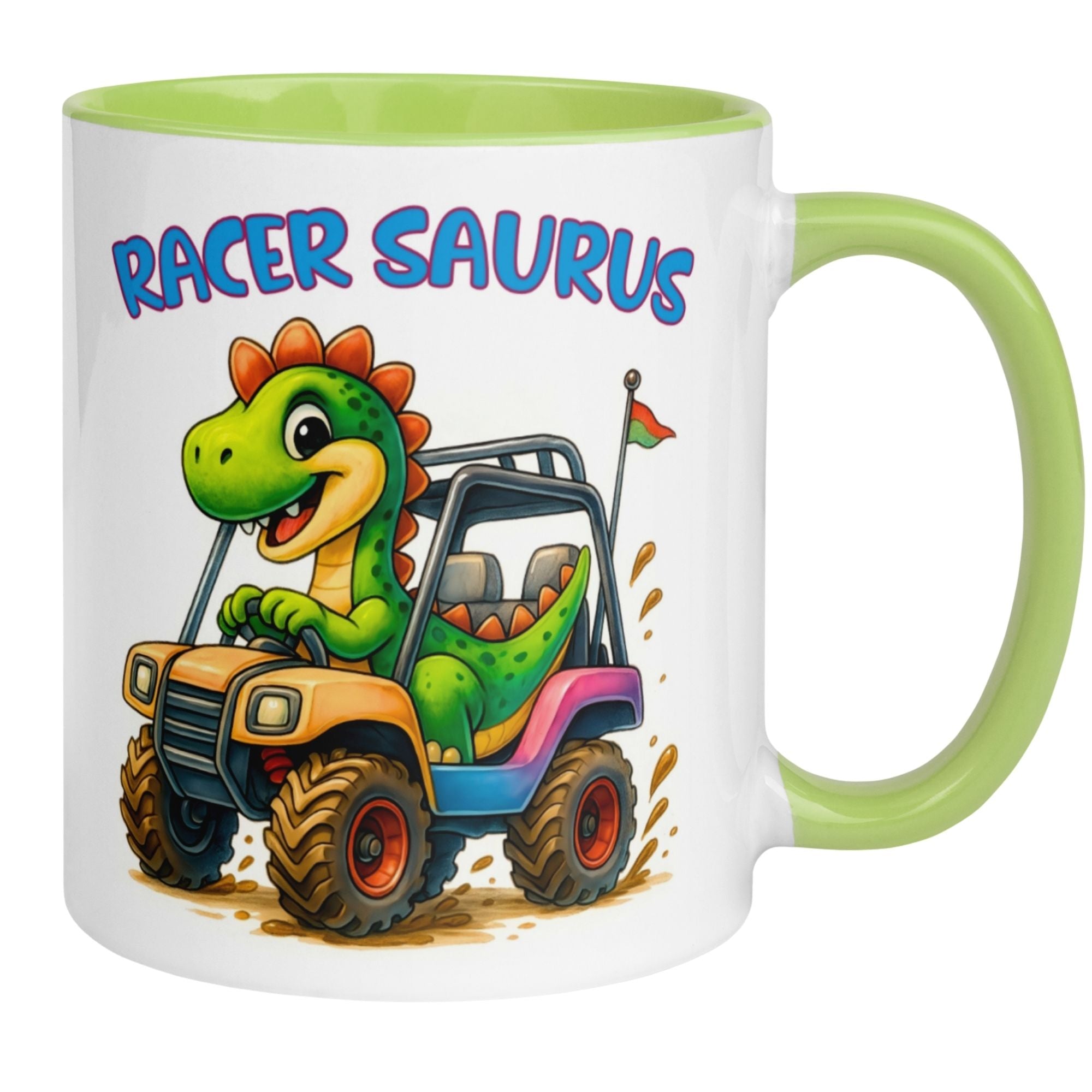 Tasse Dinosaurier – „Racer Saurus“ – Dino Geschenk Becher für Rennfahrer