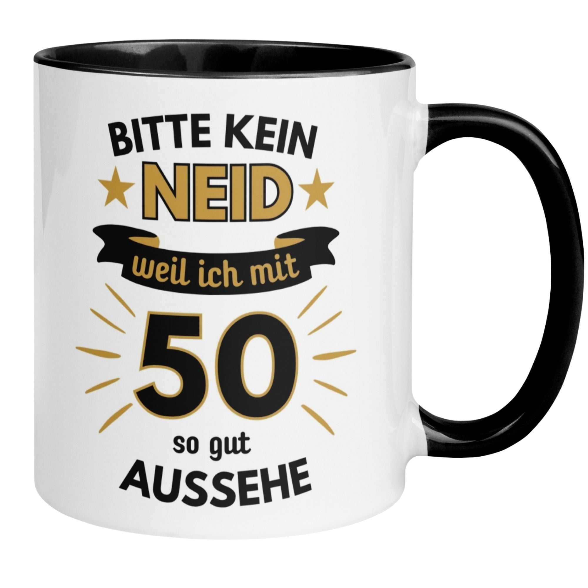 Momentals® Tasse für 50. Geburtstag mit Spruch: Bitte kein Neid – so gut aussehe.