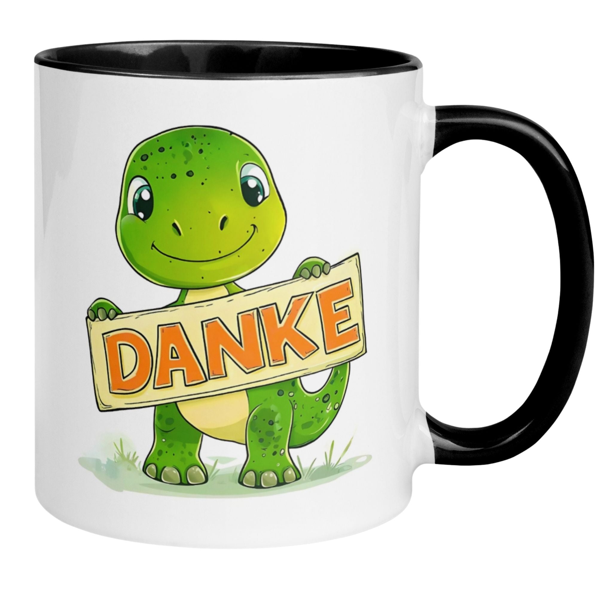 Momentals® Dankeschön Tasse mit Dino-Motiv und Dankesschild, perfekte Geschenkidee für Wertschätzung.