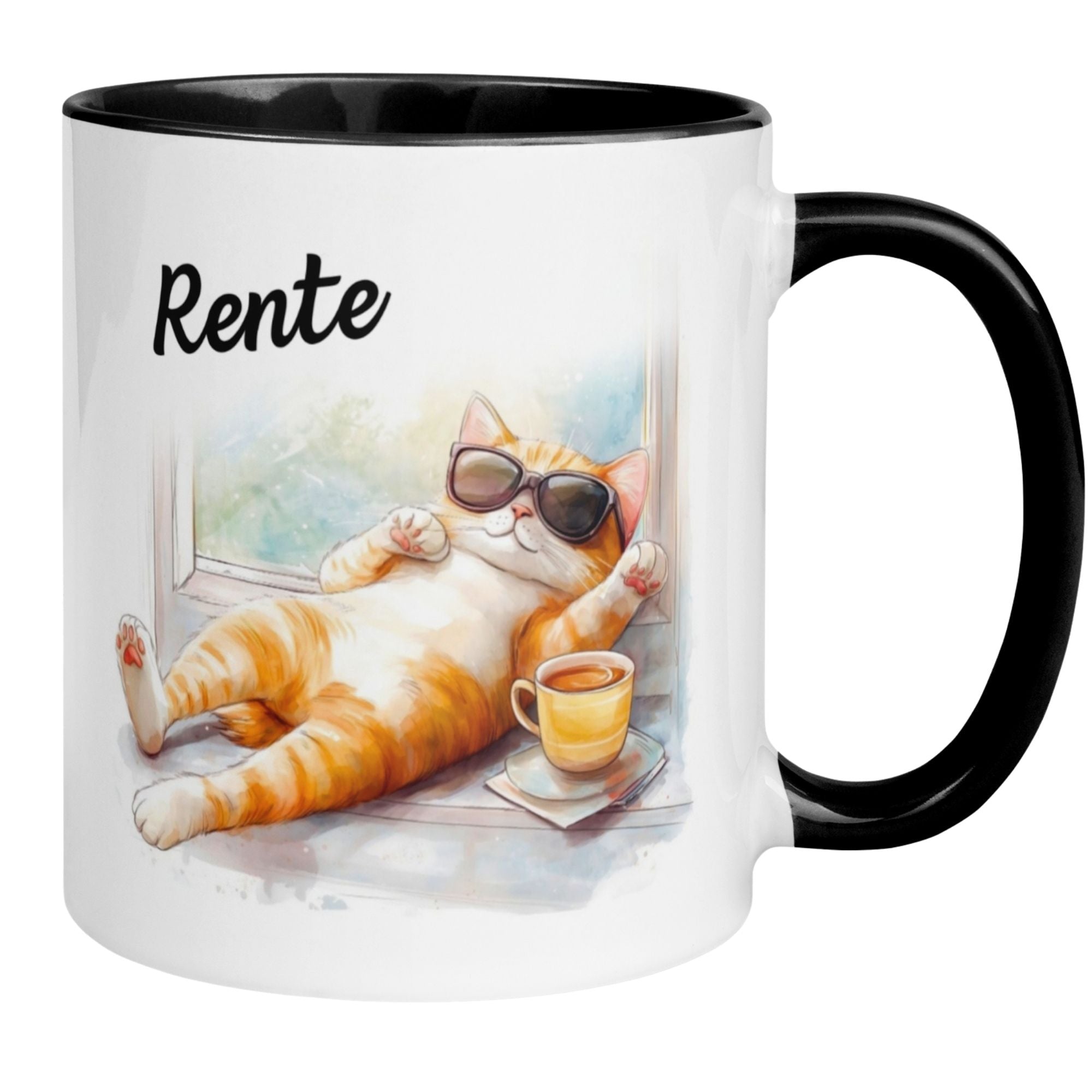 Momentals® Tasse mit chillender Katze in Sonnenbrille und Kaffee, Spruch über Rente und entspannte Samstage.