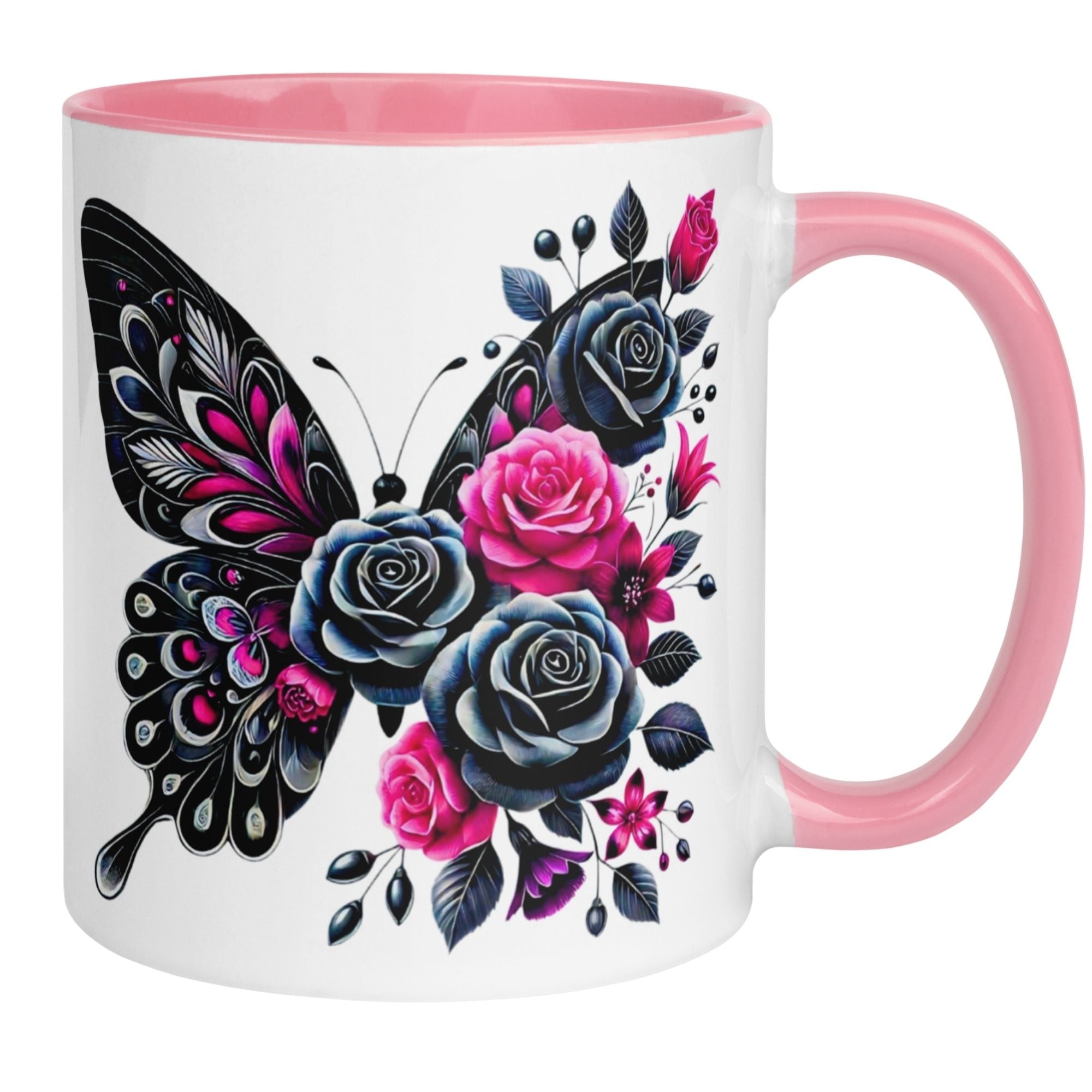 Momentals® Tasse | Schmetterling & Rosendesign | Dunkle Eleganz in Schwarz & Pink