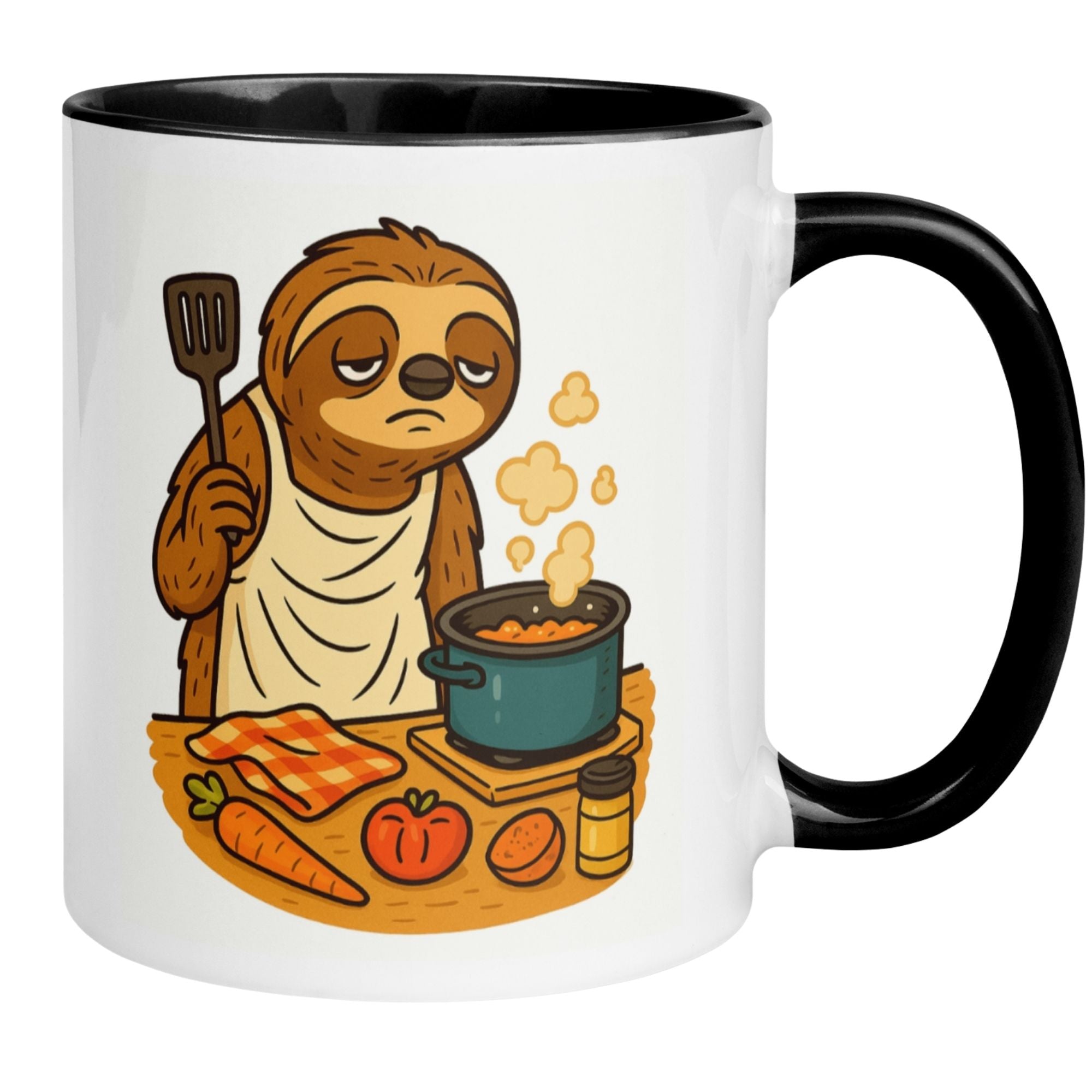 Momentals Tasse mit lustigem Faultier als Chefkoch, umgeben von Gemüse und einem Suppentopf.