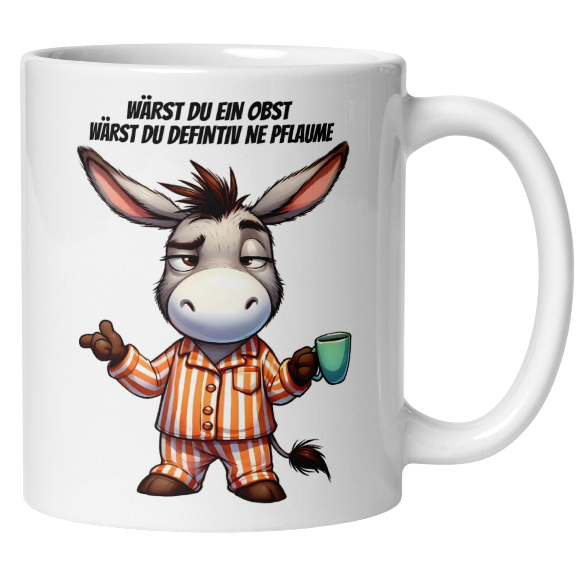 Momentals Tasse Morgenmuffel mit Esel im Pyjama und Spruch über Obst und Pflaume