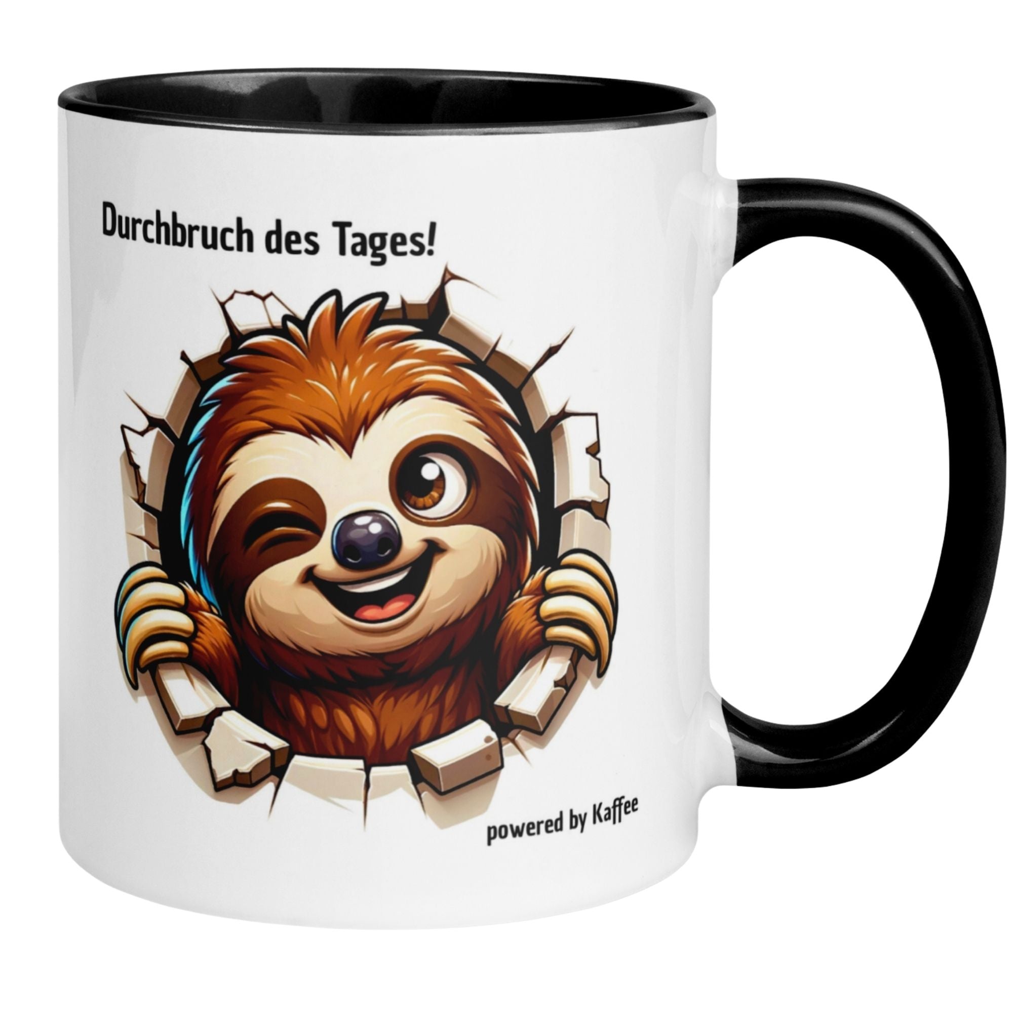 Momentals Tasse mit frechem Faultier und Spruch: "Durchbruch des Tages - powered by Kaffee".