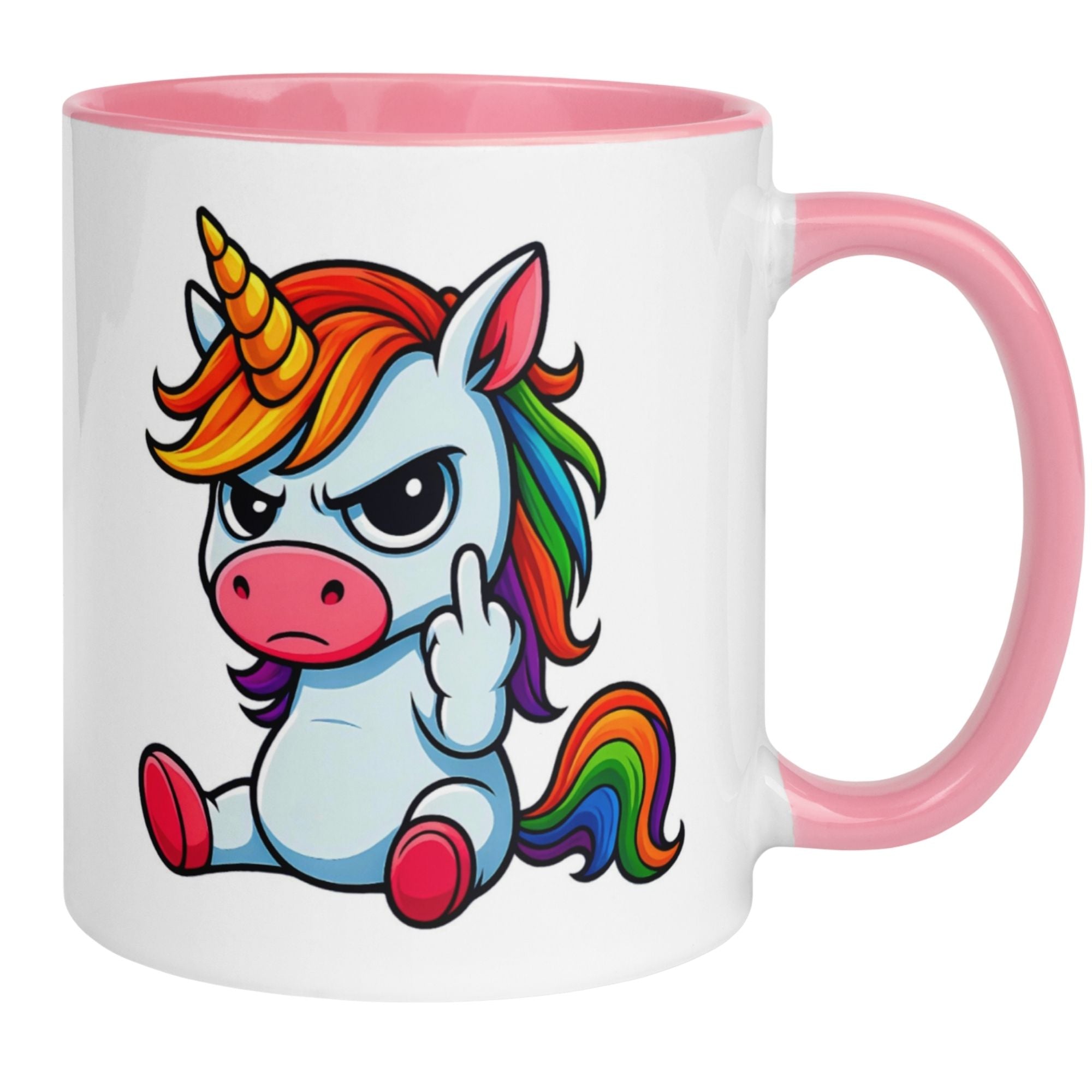 Momentals Einhorn Tasse mit mürrischem Einhorn und Mittelfinger für Morgenmuffel.