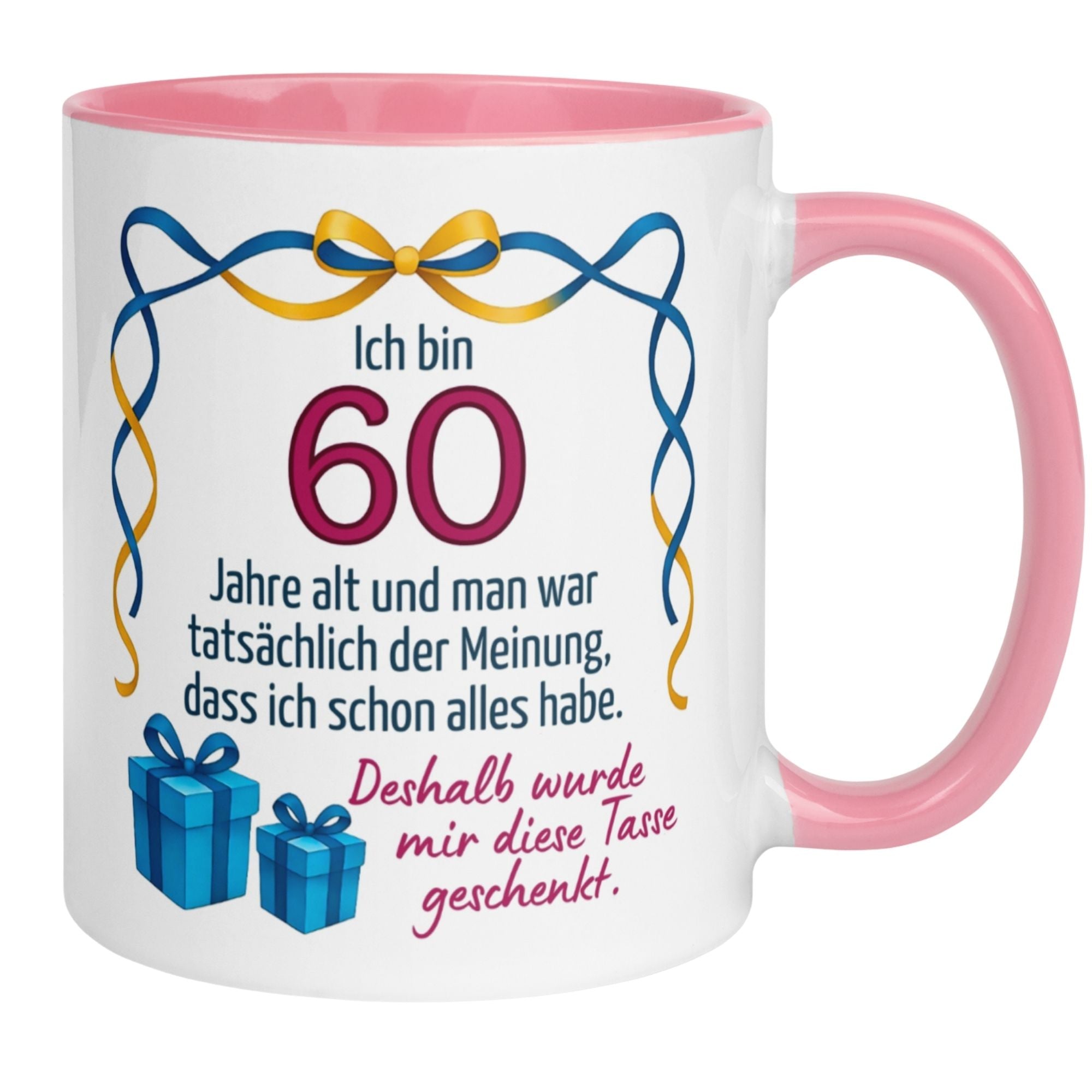 Momentals® Tasse zum 60. Geburtstag mit witzigem Spruch und Geschenkdesign in Pink und Blau.