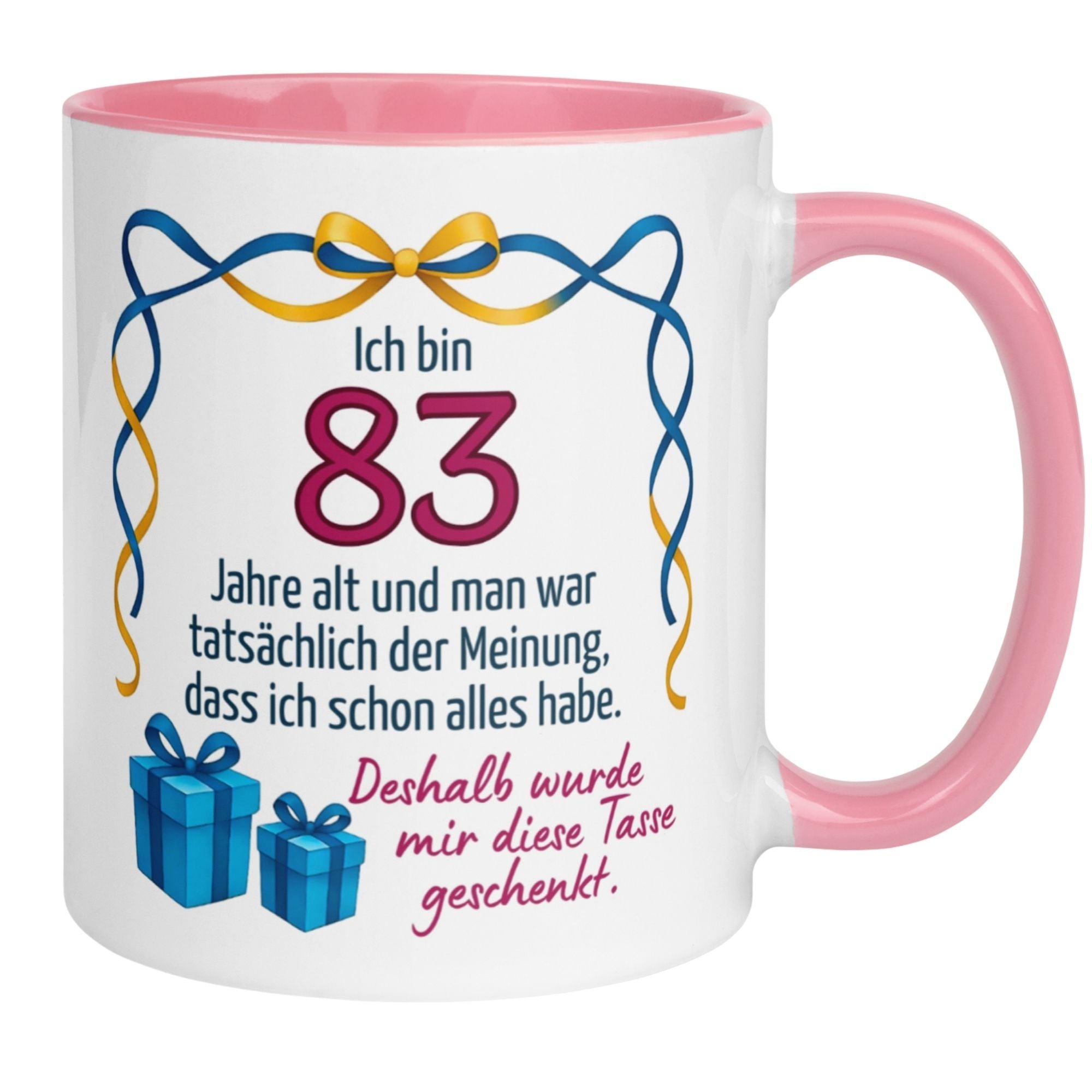 Momentals® Tasse für den 83. Geburtstag mit humorvollem Spruch und bunten Geschenken
