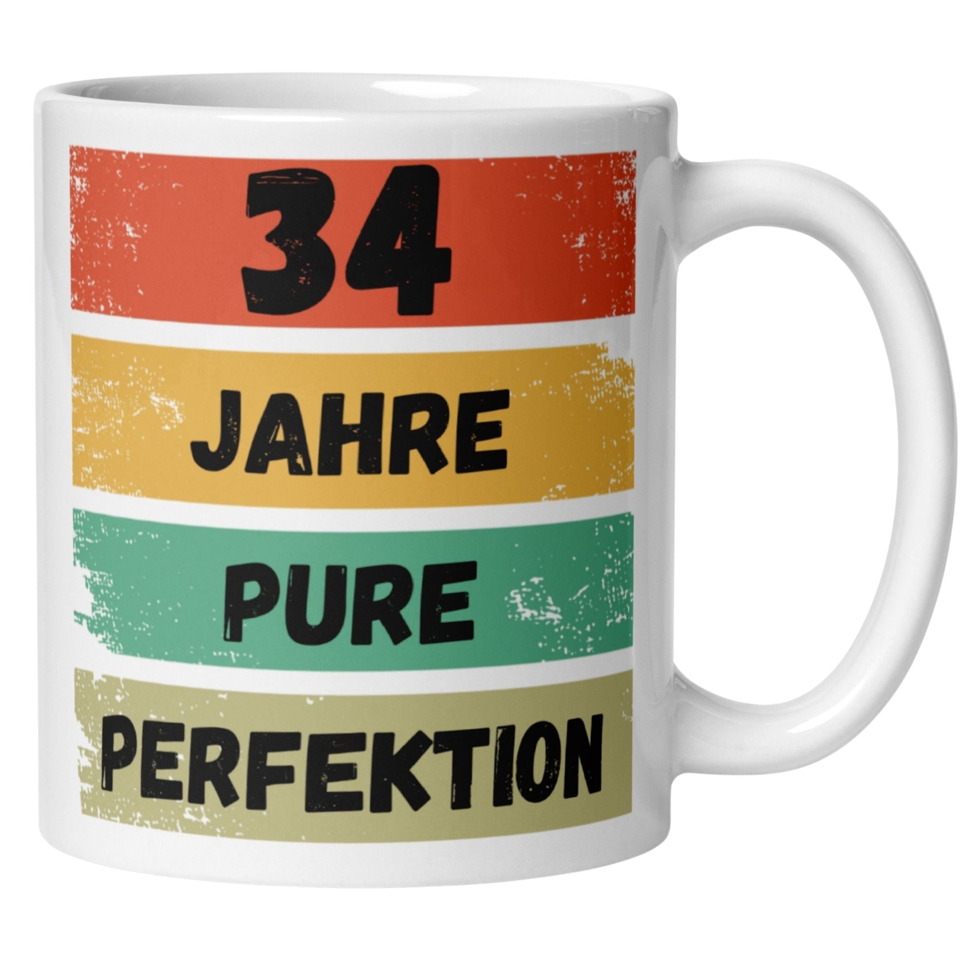 Momentals® Tasse zum 34. Geburtstag mit dem Spruch "34 Jahre Pure Perfektion" auf farbigem Hintergrund.