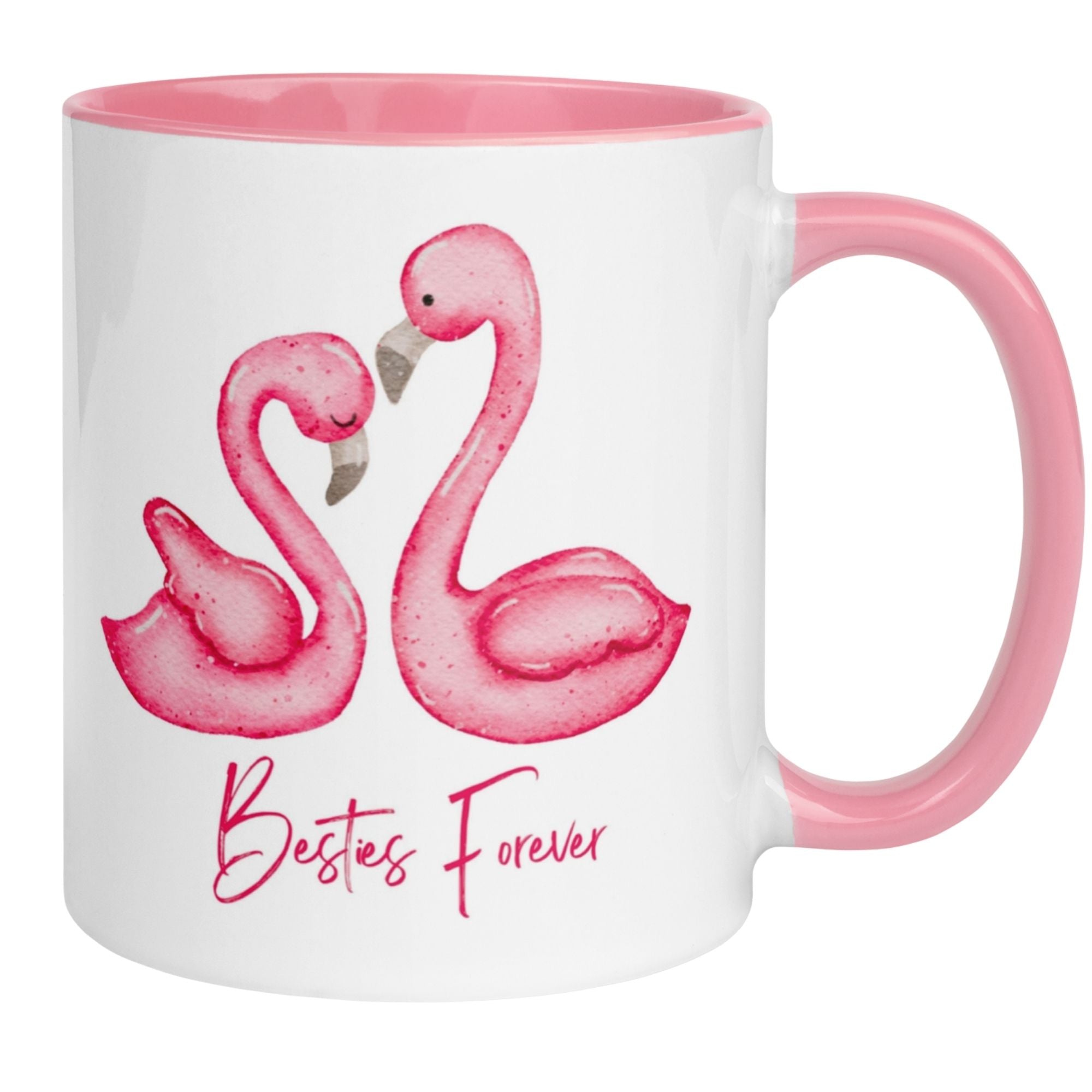Momentals Tasse mit zwei Flamingos und dem Text 'Besties Forever' – perfektes Geschenk für beste Freunde.