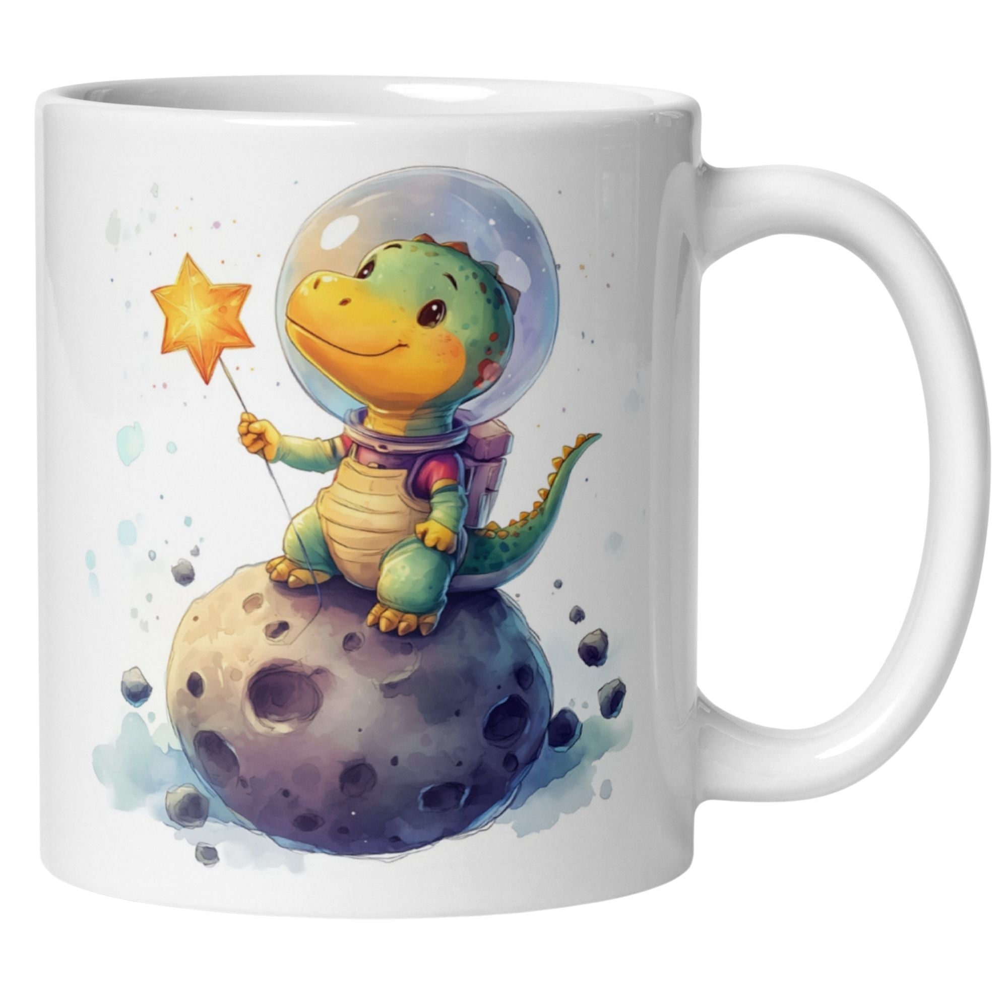 Tasse mit einem Dinosaurier-Astronauten auf einem Mond, der einen leuchtenden Stern hält - perfektes Geschenk für Dino-Fans!