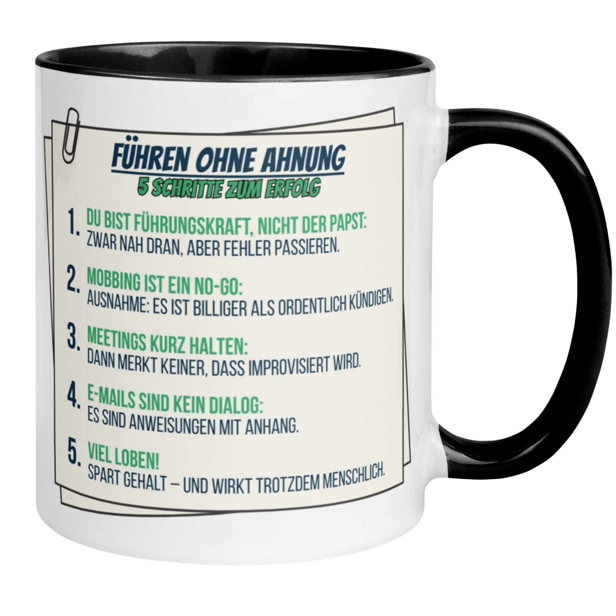 Momentals Tasse mit humorvollen Führungs Tipps "Führen ohne Ahnung" für Chefs und Chefinnen.