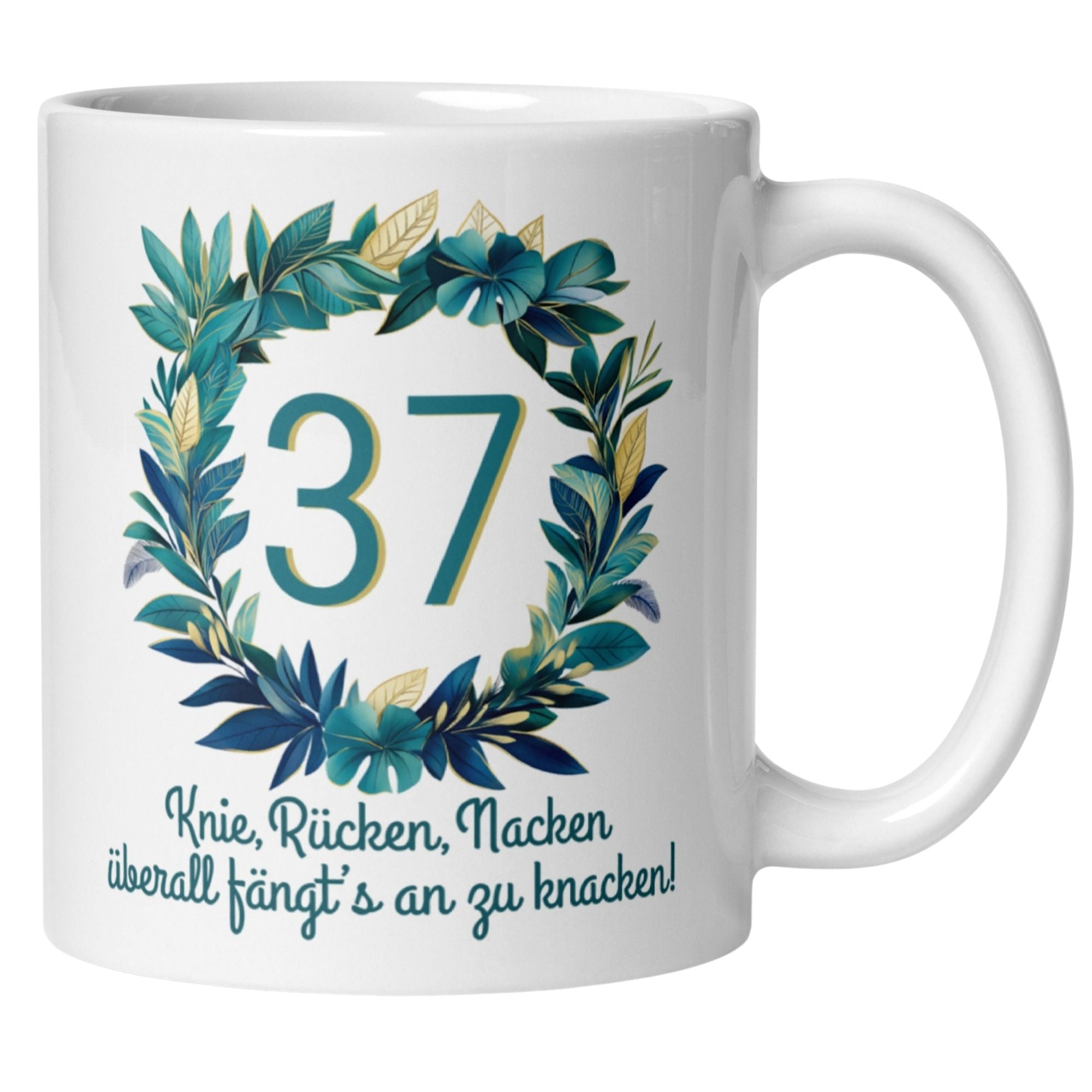 Momentals® 37. Geburtstag Tasse mit Pflanzenmotiv und Spruch über Alltagsgeräusche.