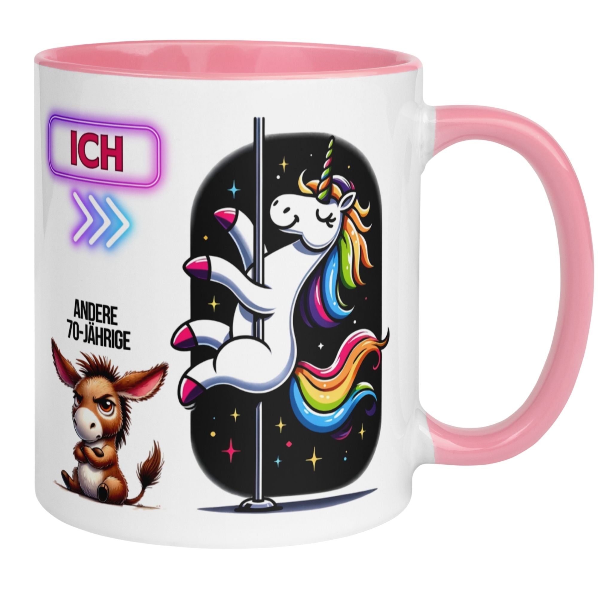 Momentals® Tasse für 70. Geburtstag mit Einhorn und Spruch, ideal für humorvolle Geschenke.