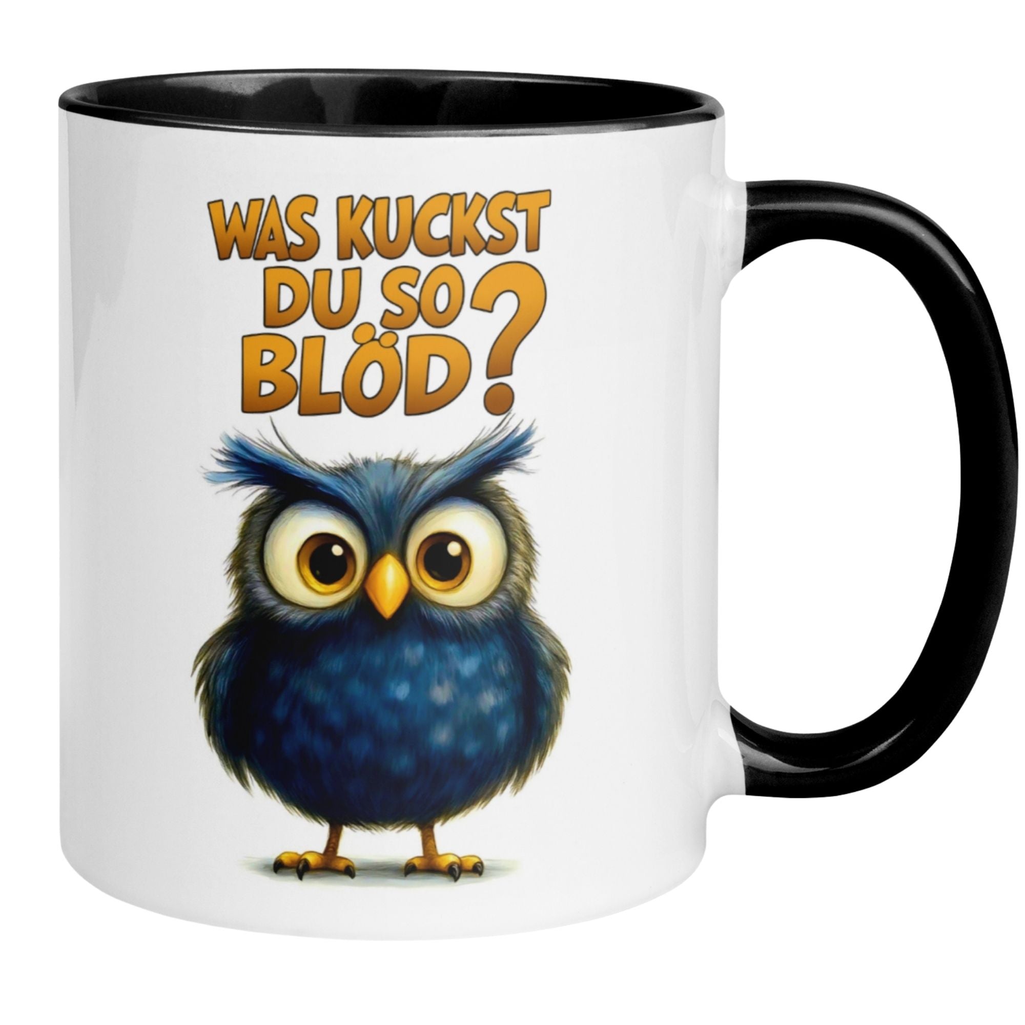 Tasse Eule – „Was kuckst du so blöd“ – lustiger Eulen Geschenk Becher für Morgenmuffel
