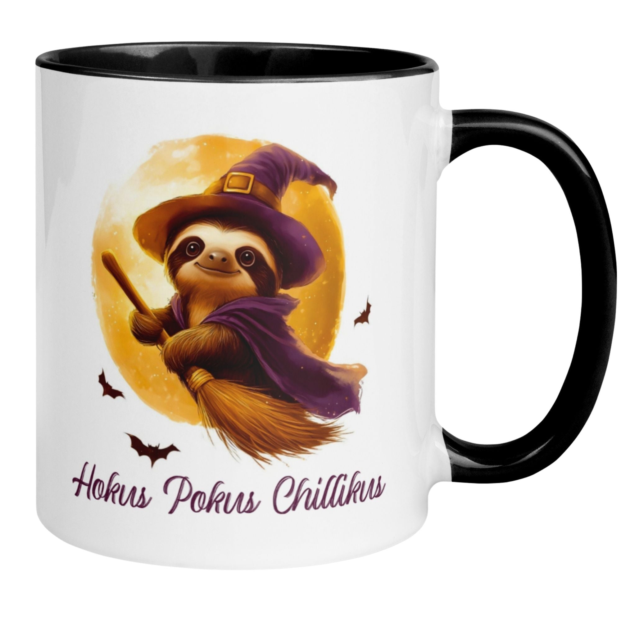 Funny sloth mug with witch hat and broom, saying 'Hokus Pokus Chillikus', perfect for relaxed magic moments.
