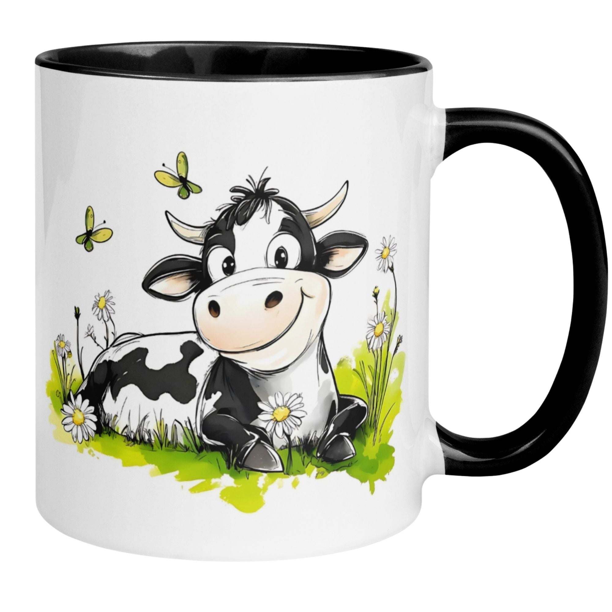 Momentals® Tasse mit entspannter Kuh auf Blumenwiese sowie Schmetterlingen – ideal für Morgenmuffel.