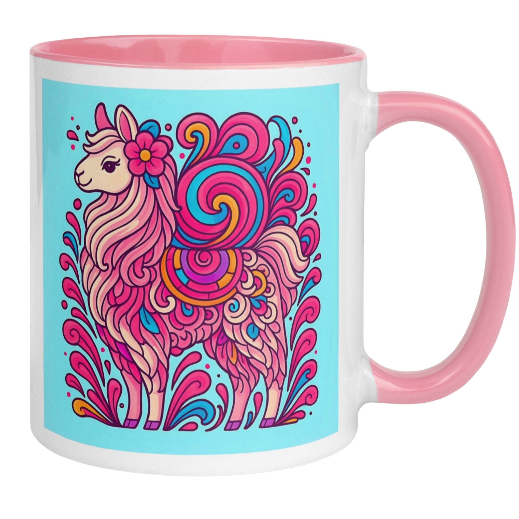 Bunte Momentals Tasse mit Lama-Motiv in psychedelischem Design und liebevollen Details.