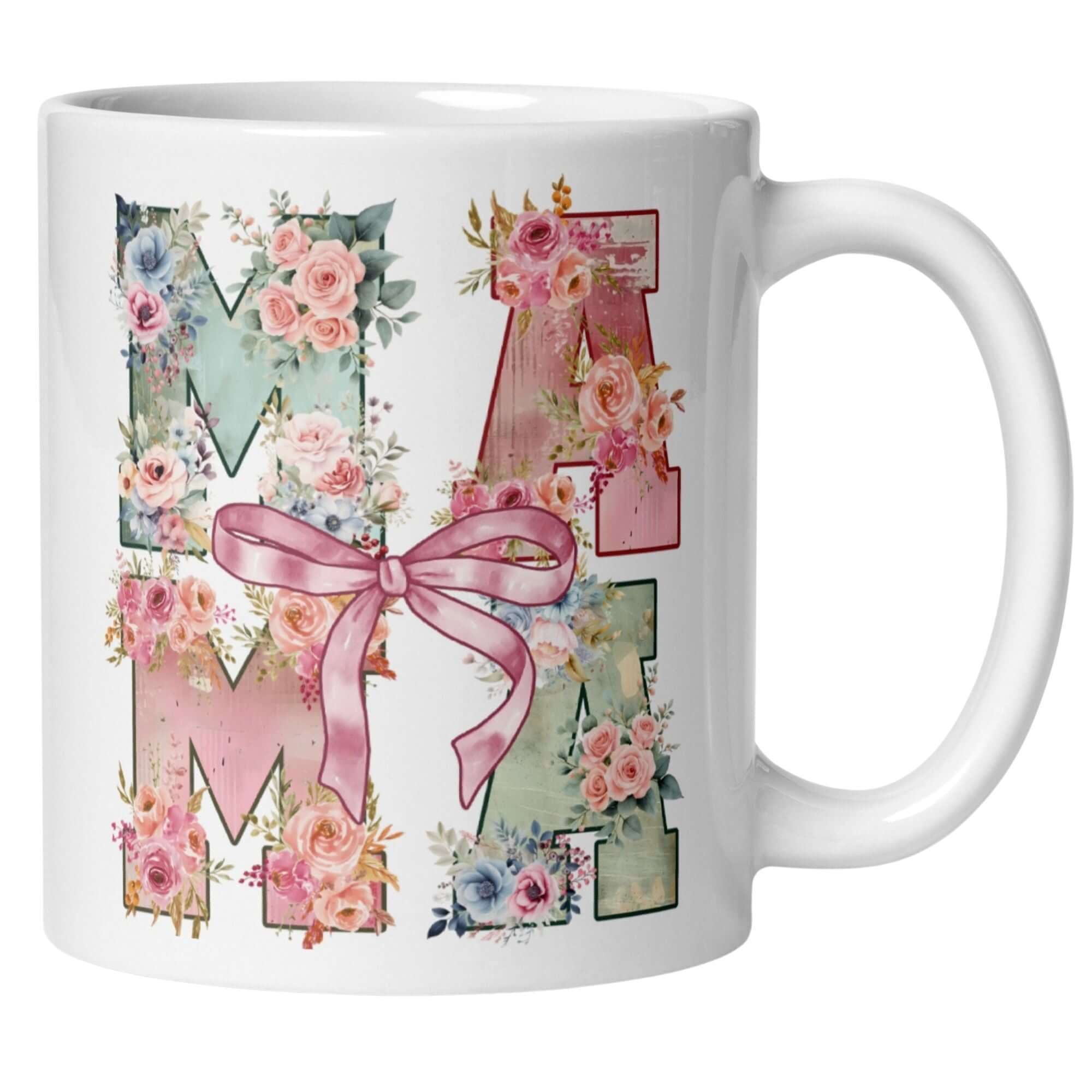Momentals Tasse für Mama mit floralen Designs und rosa Schleife, ideal für stilvolle Mütter.