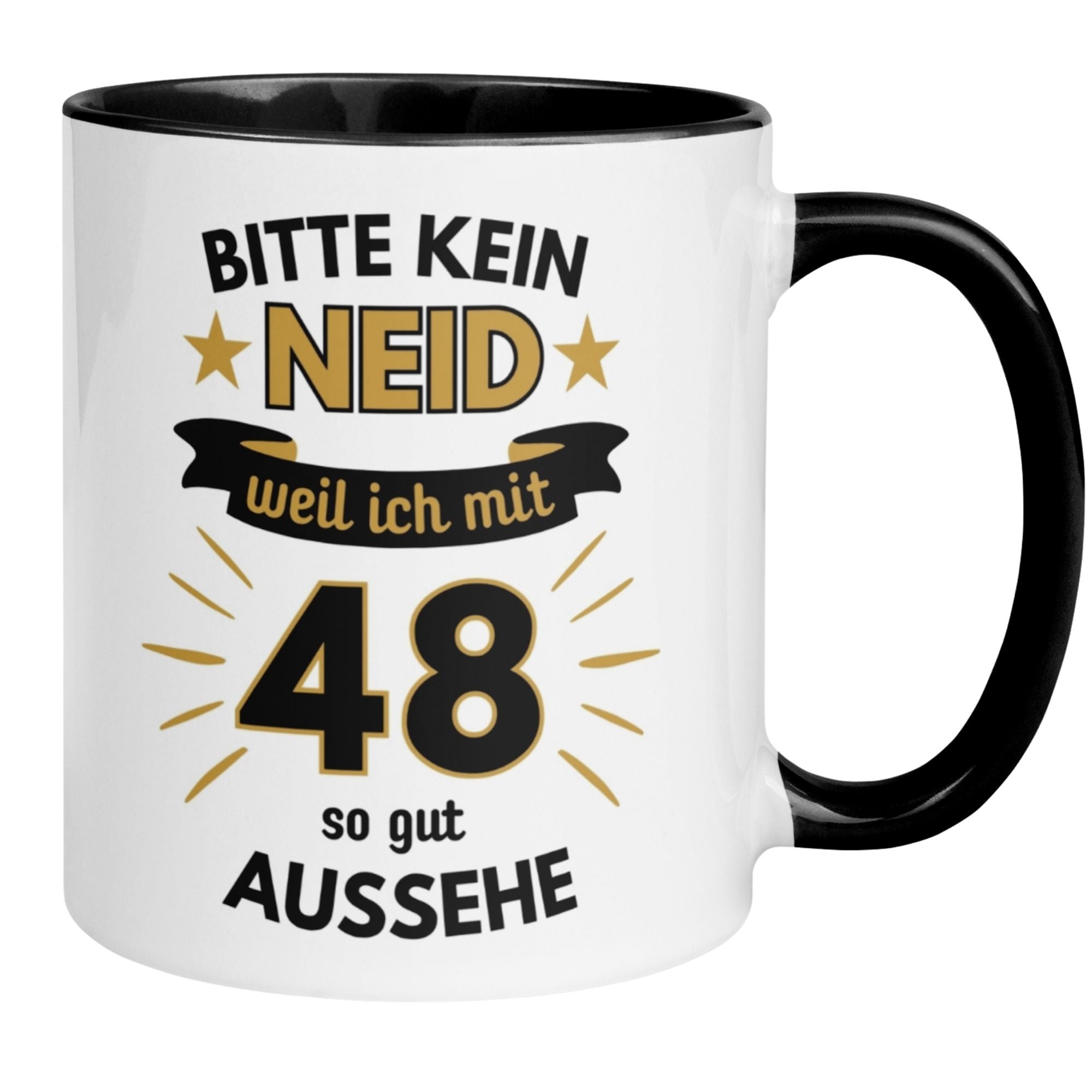 Momentals® Tasse für den 48. Geburtstag mit humorvollem Spruch "Bitte kein Neid".